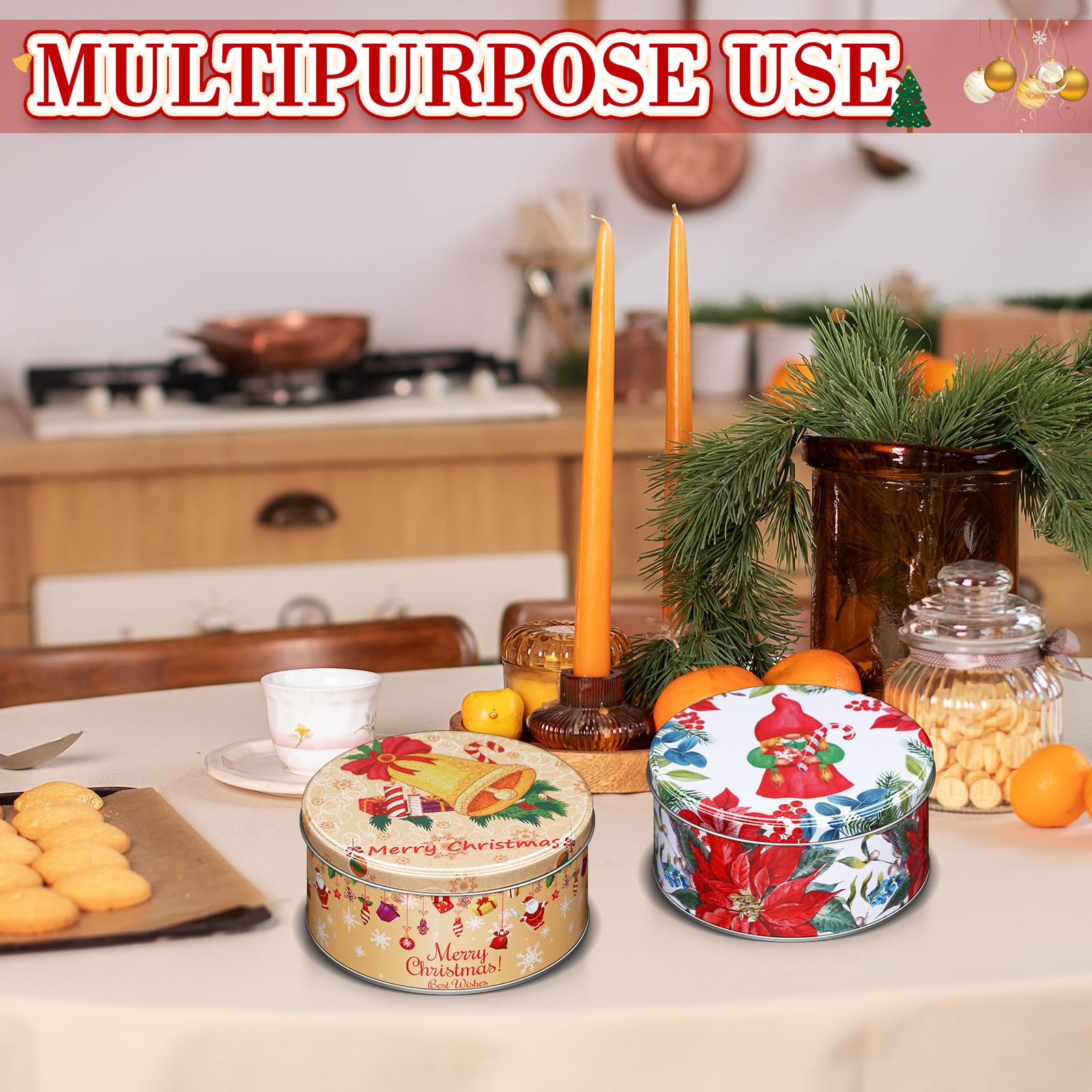 12 Pack Christmas Cookie Tins with Lids - Round Metal Holiday Gift Containers for Cookies, Candies & Party Favors - Classic Style Xmas Cookie Jars for Gift Giving, Baking & Holiday Decorations
