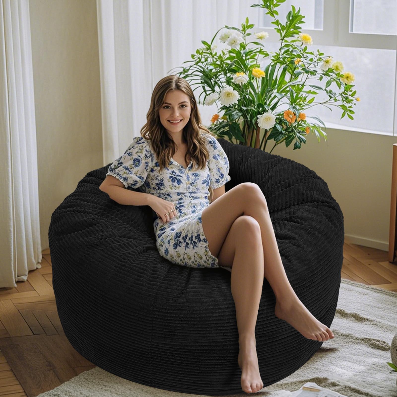 4FT Giant Bean Bag Chair for Adults - Plush Microfiber Removable Cover with Memory Foam - Oversized Comfortable Sofa Chair for Reading, Gaming & Relaxation - Perfect for Living Room, Bedroom & Game Room (Black)