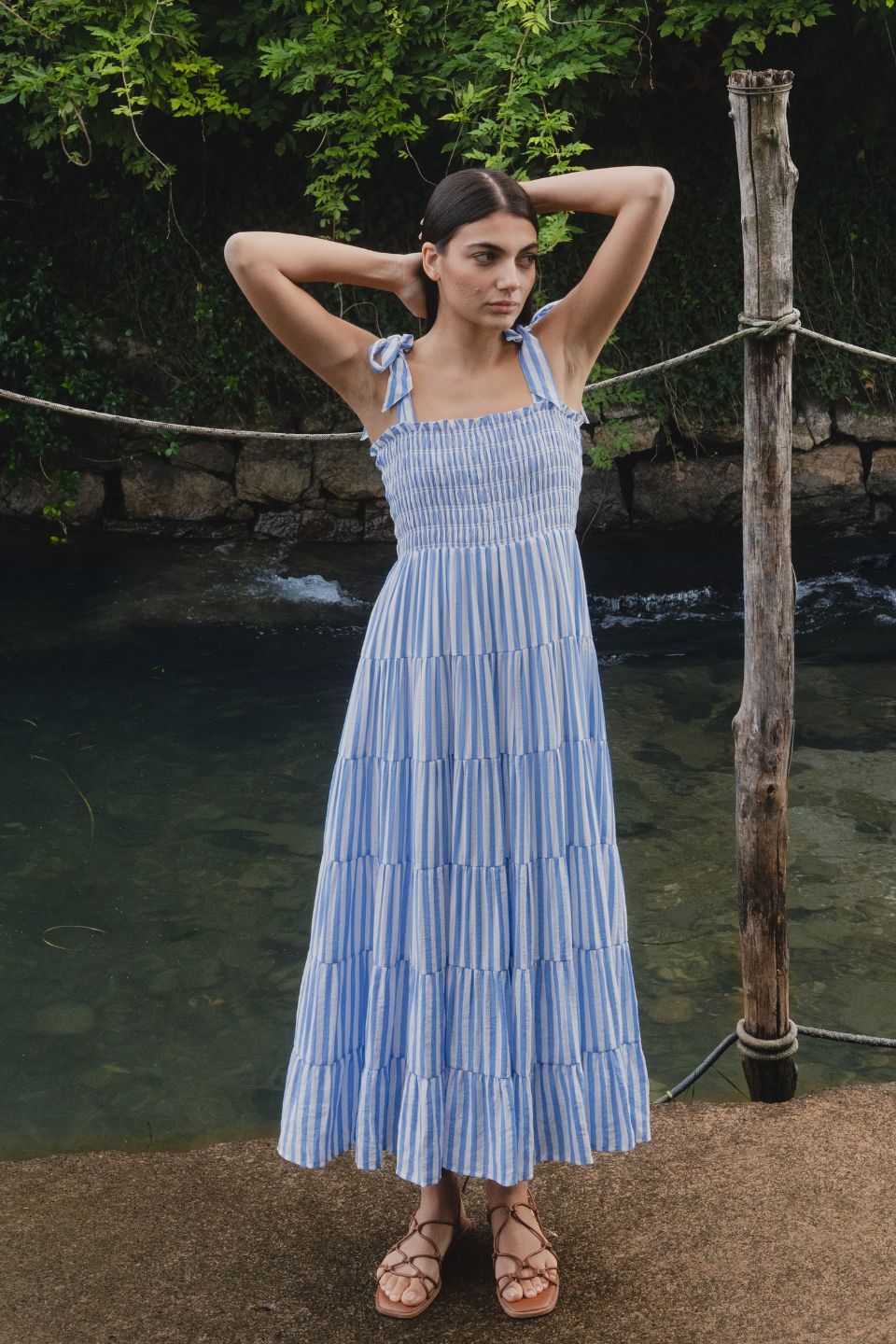 Isabella Blue and White Striped Strappy Tiered Maxi Dress - Perfect for Beach Vacations, Summer Parties & Boho Chic Outfits
