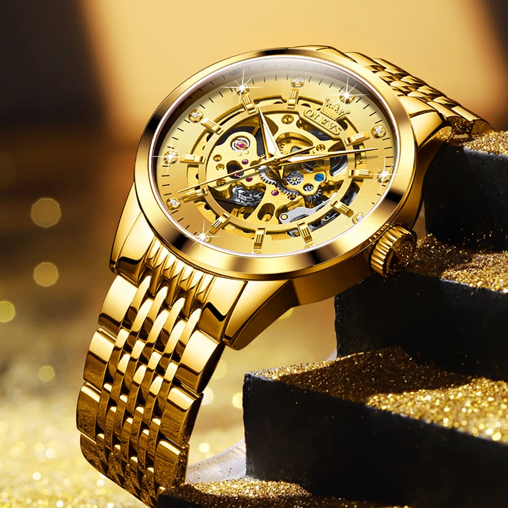 OLEVS Automatic Skeleton Watches for Men - Luxury Mechanical Gold Wristwatch with Diamond Accents, Stainless Steel Case, Waterproof & Luminous - Perfect for Business, Formal Events & Everyday Wear
