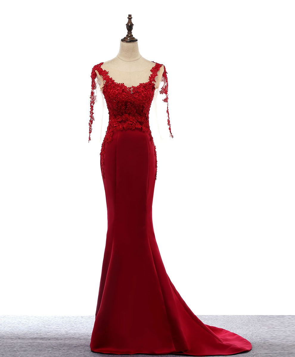 Elegant Burgundy Round Neck Lace Satin Mermaid Prom Dress - Long Formal Evening Gown for Homecoming, Wedding, and Special Occasions