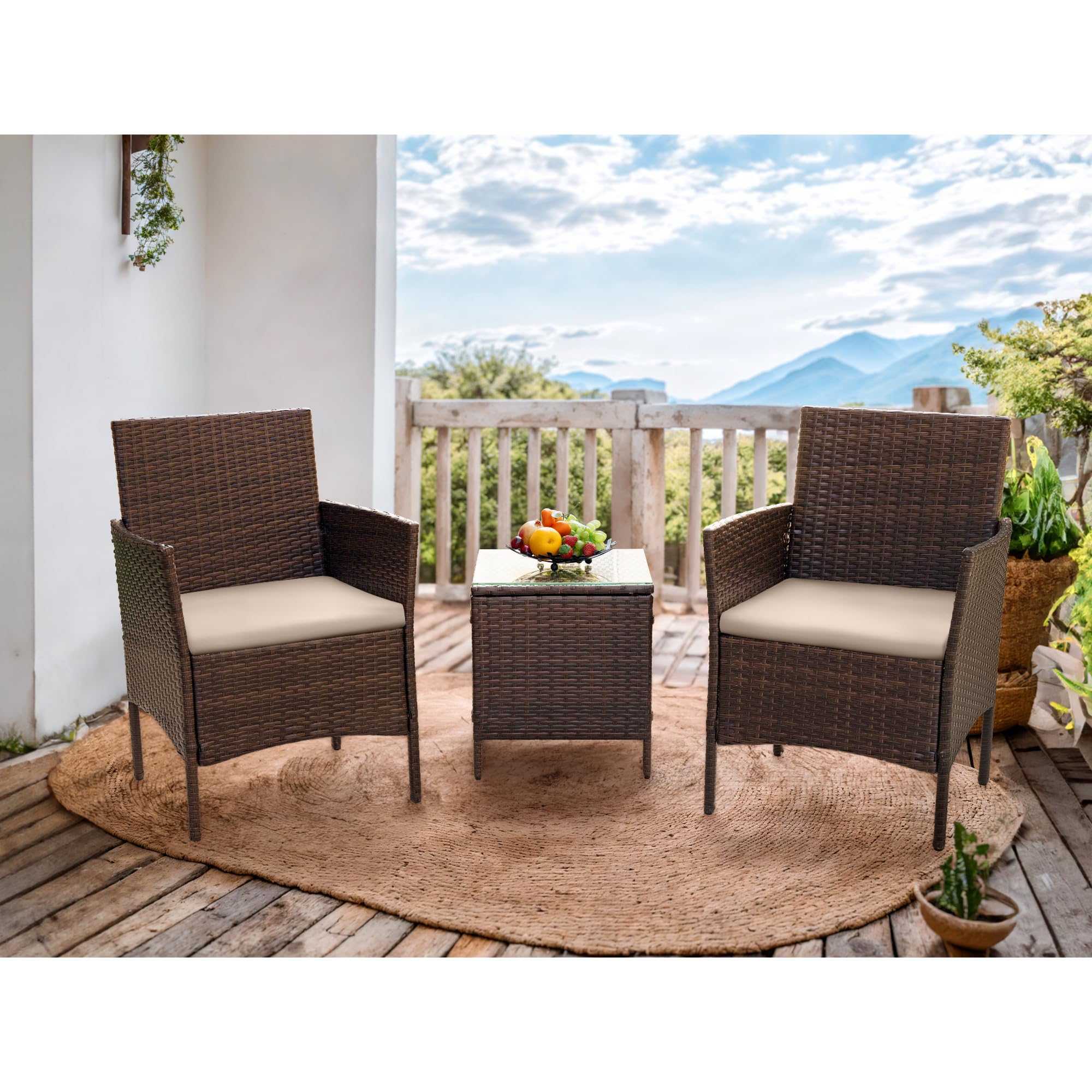 Flamaker 3-Piece All-Weather Rattan Patio Furniture Set with Tempered Glass Table - Outdoor Bistro Chairs for Porch, Balcony, Garden (Brown/Cream) - Perfect for Relaxing, Entertaining & Outdoor Dining