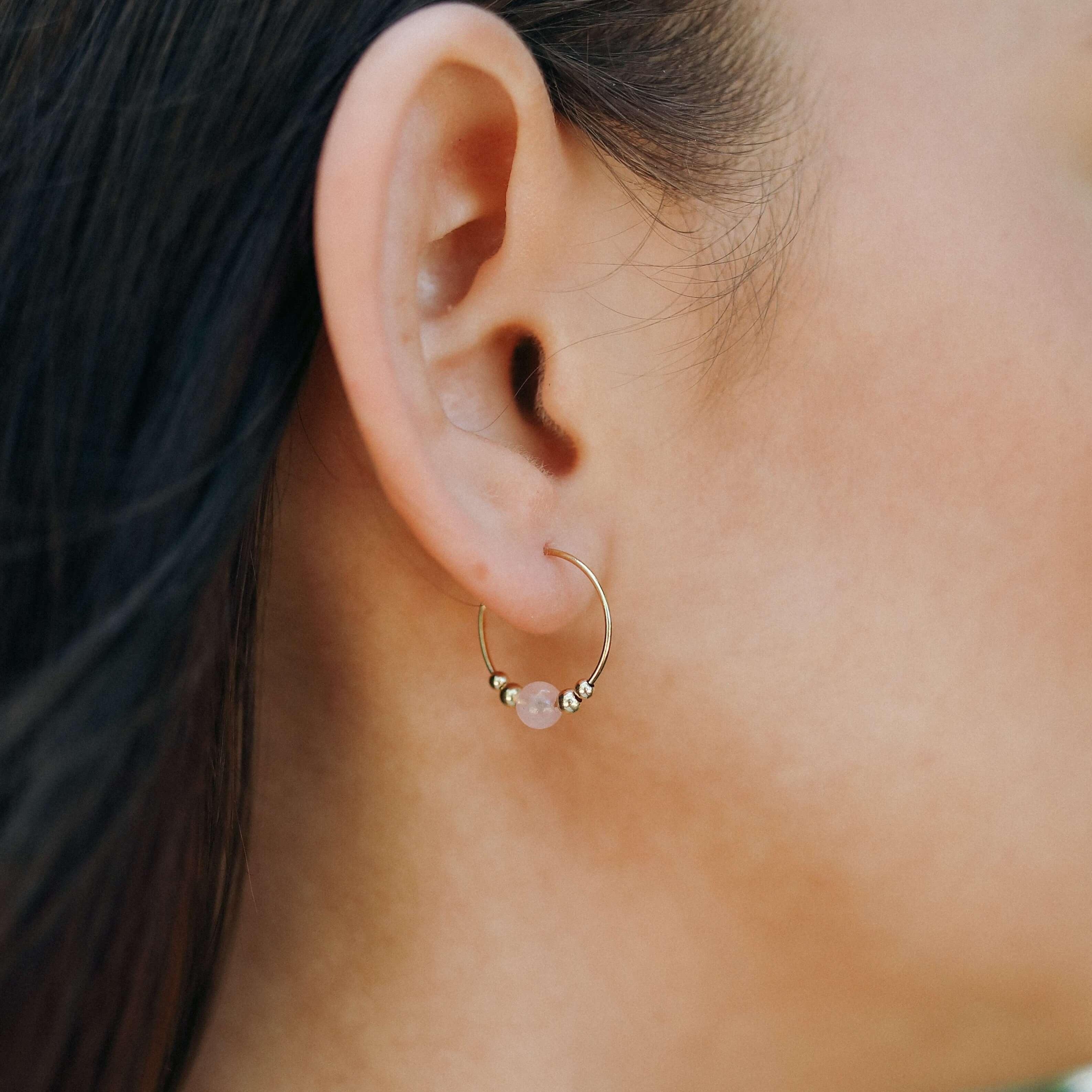 Rose Quartz Hoop Earrings for Women - Dainty Tiny Beaded Boho Jewelry - Perfect for Everyday Wear, Gifts & Spiritual Healing