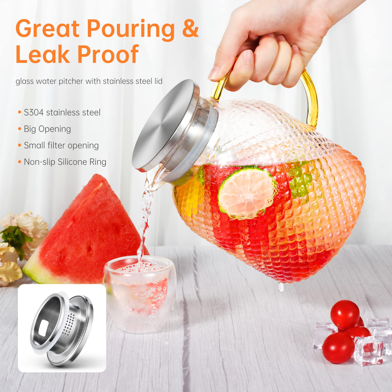 ZBUFAN 60oz Glass Pitcher with Lid and Spout - 1.8L Iced Tea & Lemonade Pitcher - Beverage Carafe with Cleaning Brush - Perfect for Cold Drinks, Juice, Water - Ideal for Refrigerator, Summer BBQs, Picnics, Family Gatherings - Great for Entertaining, Outdoor Parties, and Home Use - Perfect for Kitchen, Dining Table, and Outdoor Events - Ideal for Serving Iced Tea at Backyard Parties, Lemonade Stands, and Poolside Gatherings