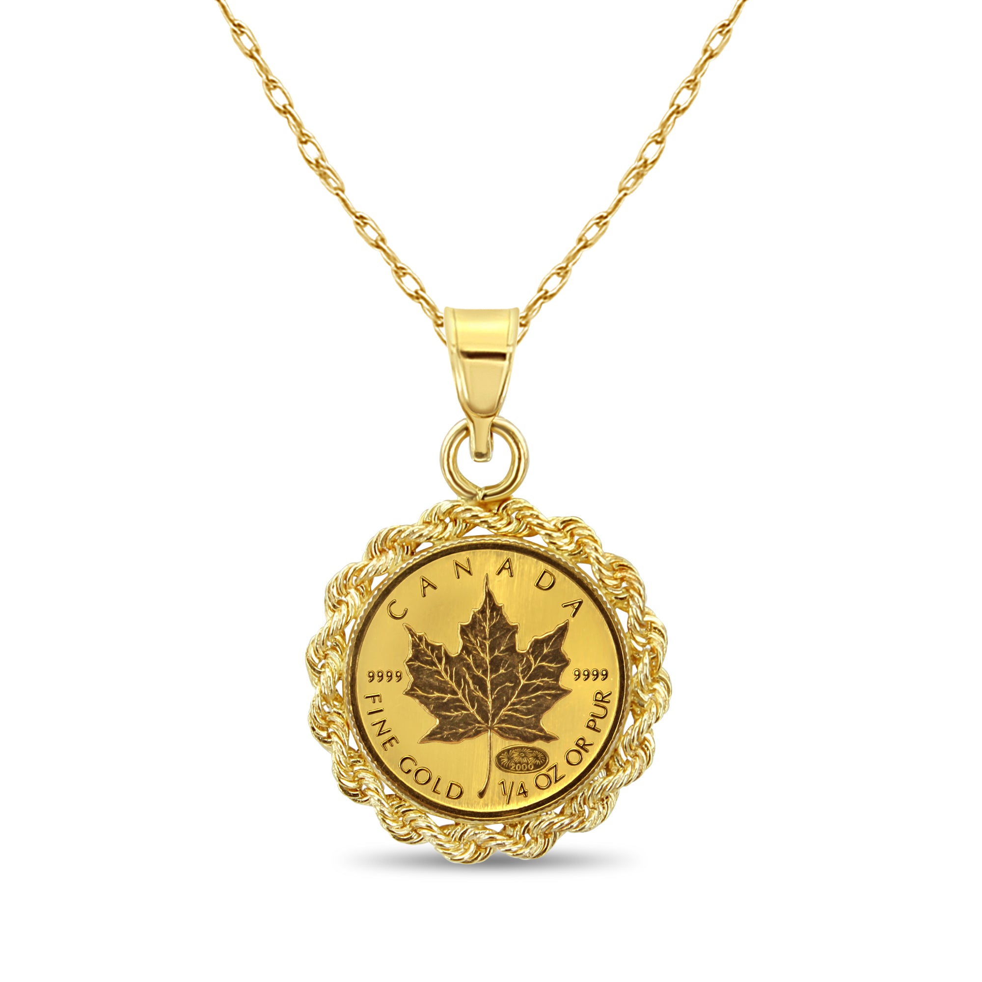 1/4 oz Queen Elizabeth Canadian Maple Leaf Gold Necklace with Rope Bezel - Perfect for Gifts, Jewelry Collections & Special Occasions