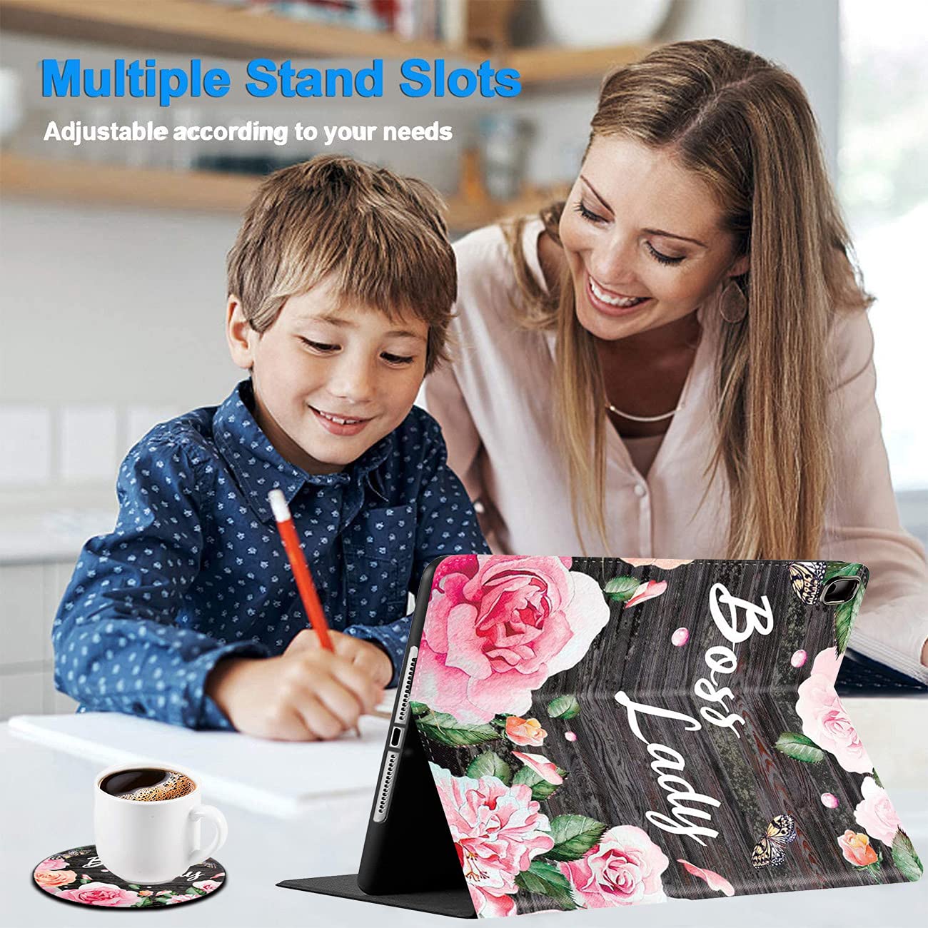 Premium Shockproof Case for iPad 10.2 (8th/7th Gen 2020/2019) & iPad Air/Pro 10.5 Inch - Durable Protective Cover with Floral Boss Lady Design & Coasters Set | Perfect for Work, Travel, and Home Use