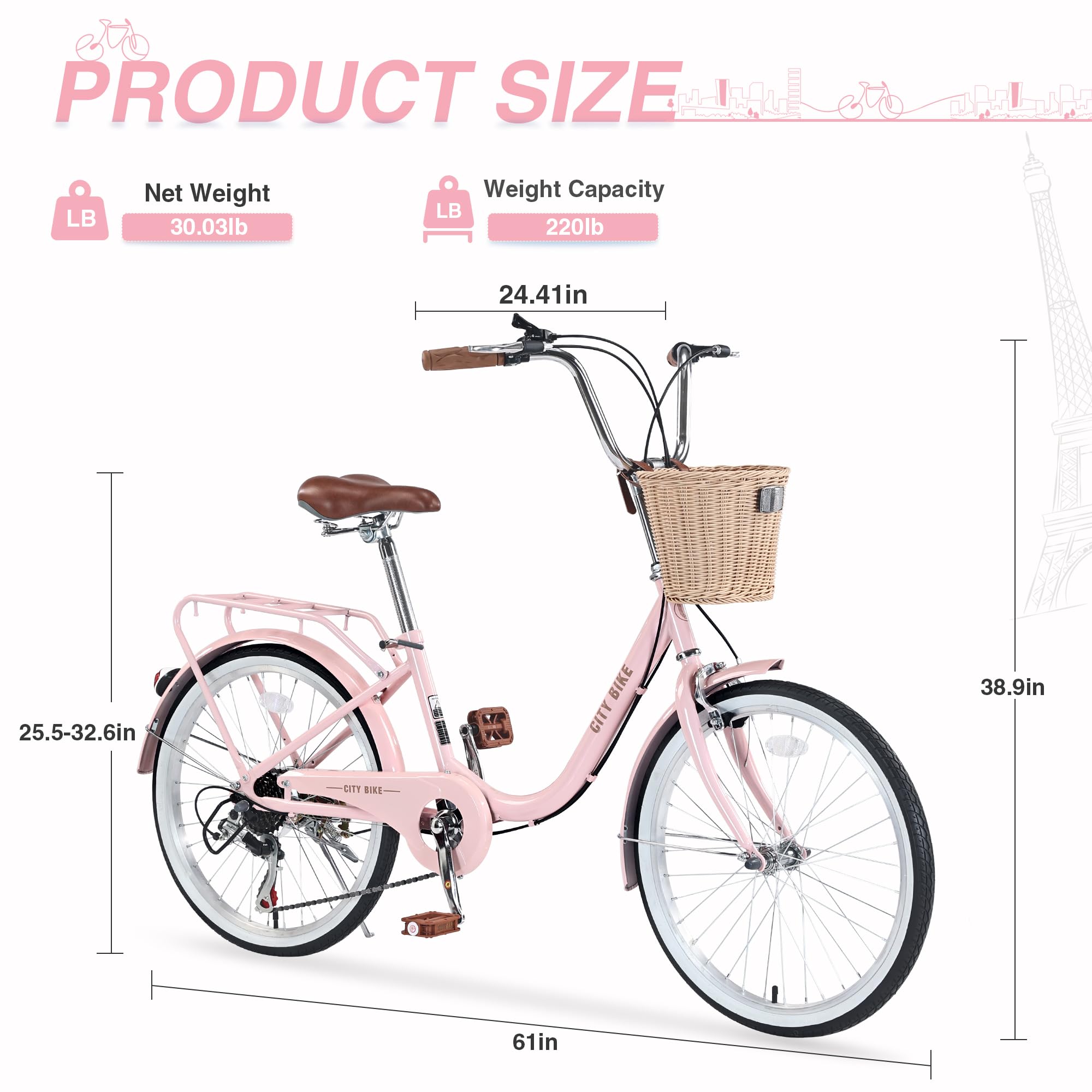 22/26 Inch Women's Beach Cruiser Bike - 7-Speed Hybrid Commuter Bicycle for Women & Men, Perfect for City Riding & Leisure - Available in 4 Colors