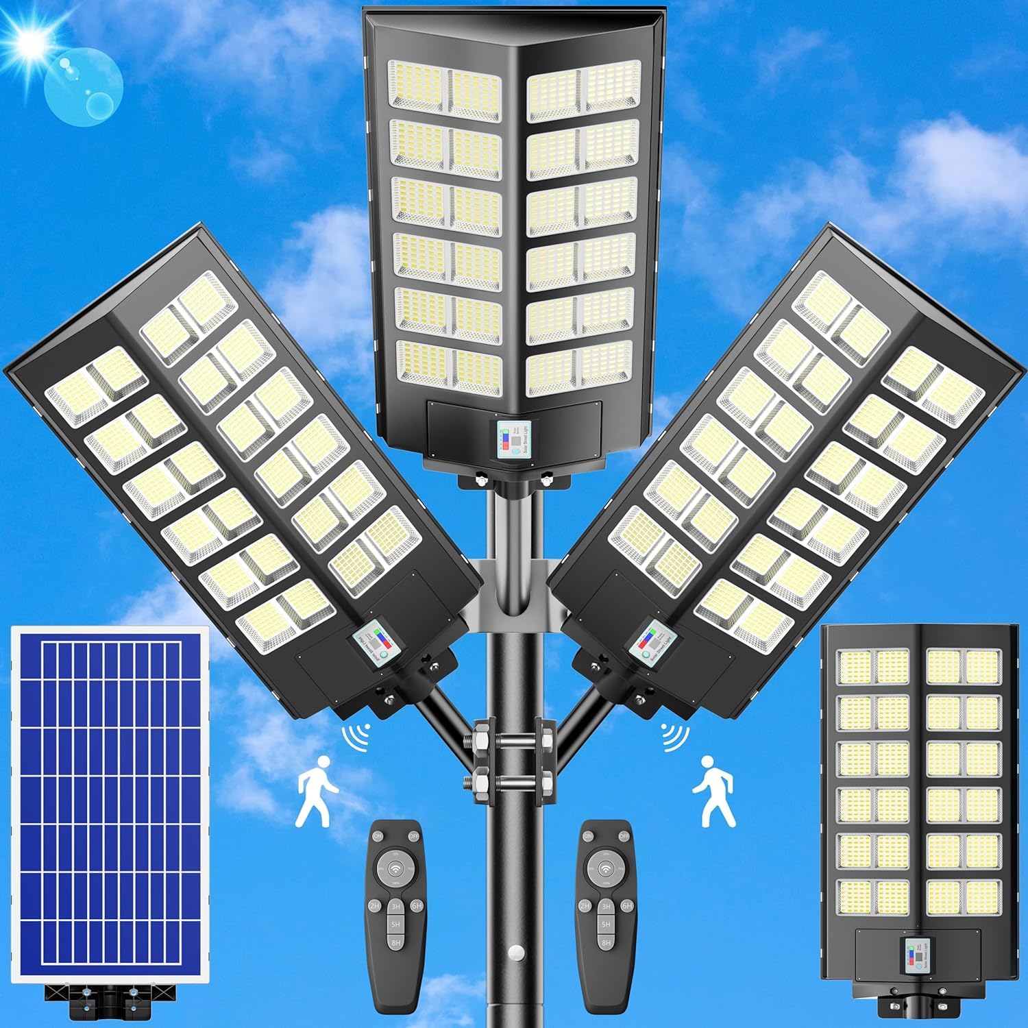 4800W 300000LM Solar Street Lights Outdoor Waterproof - 7000K Bright White LED Parking Lot Lights with Motion Sensor & Dusk to Dawn Auto On/Off - Wide Angle Solar Powered Yard Lights (3-Pack) for Driveway, Garden, Pathway, and Backyard Security Lighting