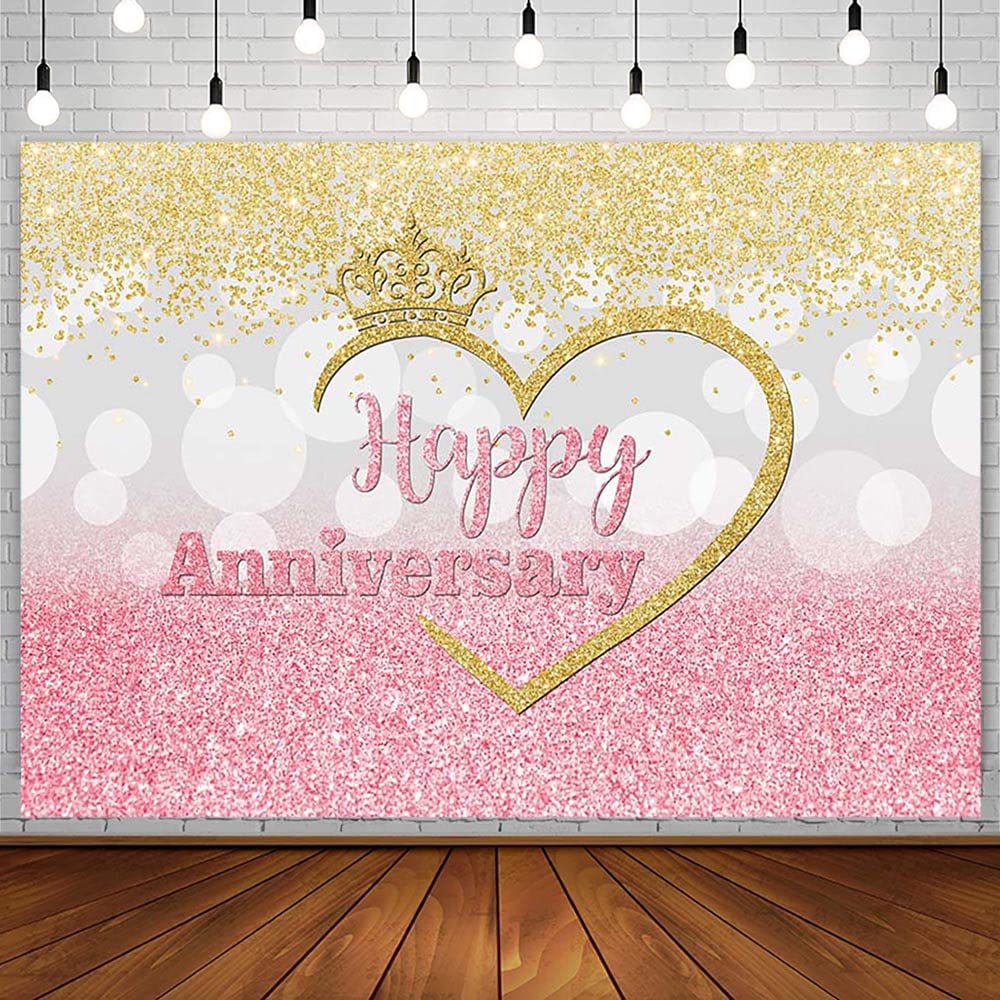 Happy Anniversary Backdrop - Pink Silver Gold Glitter Vinyl Photo Booth Background for 1st, 10th, 50th Wedding Anniversary Decor (7x5ft) | Couple Cheers Crown Design | Party Photography Studio Props | Perfect for Wedding Celebrations, Photo Shoots & Anniversary Parties