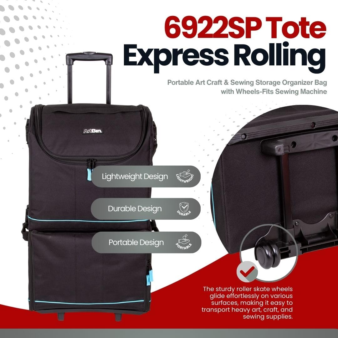 ArtBin 6922SP Rolling Portable Art & Craft Storage Organizer Bag with Wheels - Black/Aqua | Sewing Machine Carrier, Craft Supplies Organizer for Artists & DIY Projects