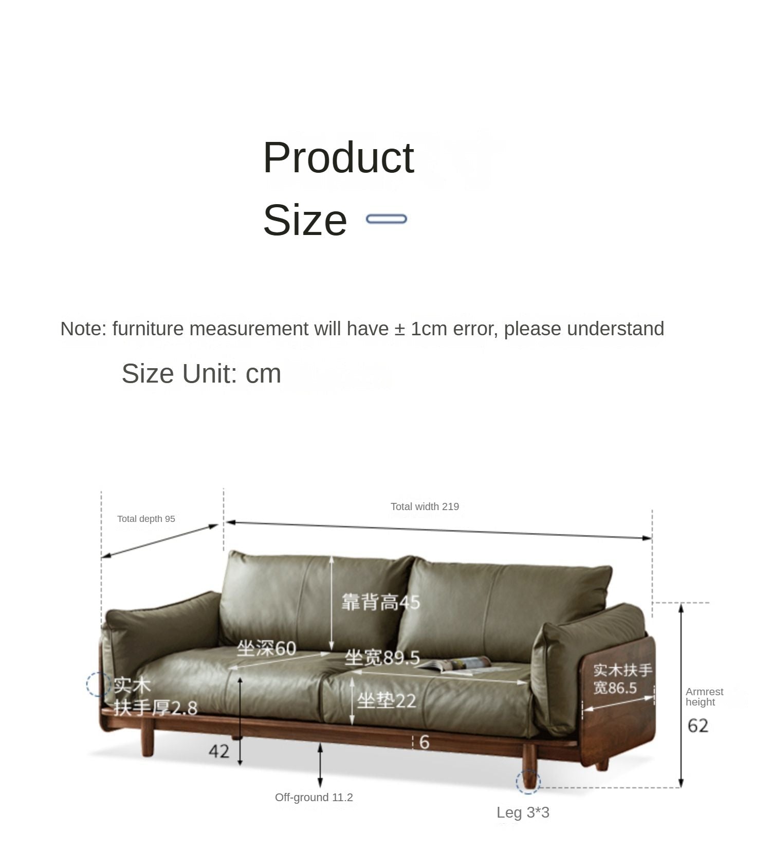 Premium Black Walnut Solid Wood Genuine Leather Sofa - Handcrafted Fabric Sofa for Living Room, Lounge & Office - Modern Comfort Furniture for Home Decor