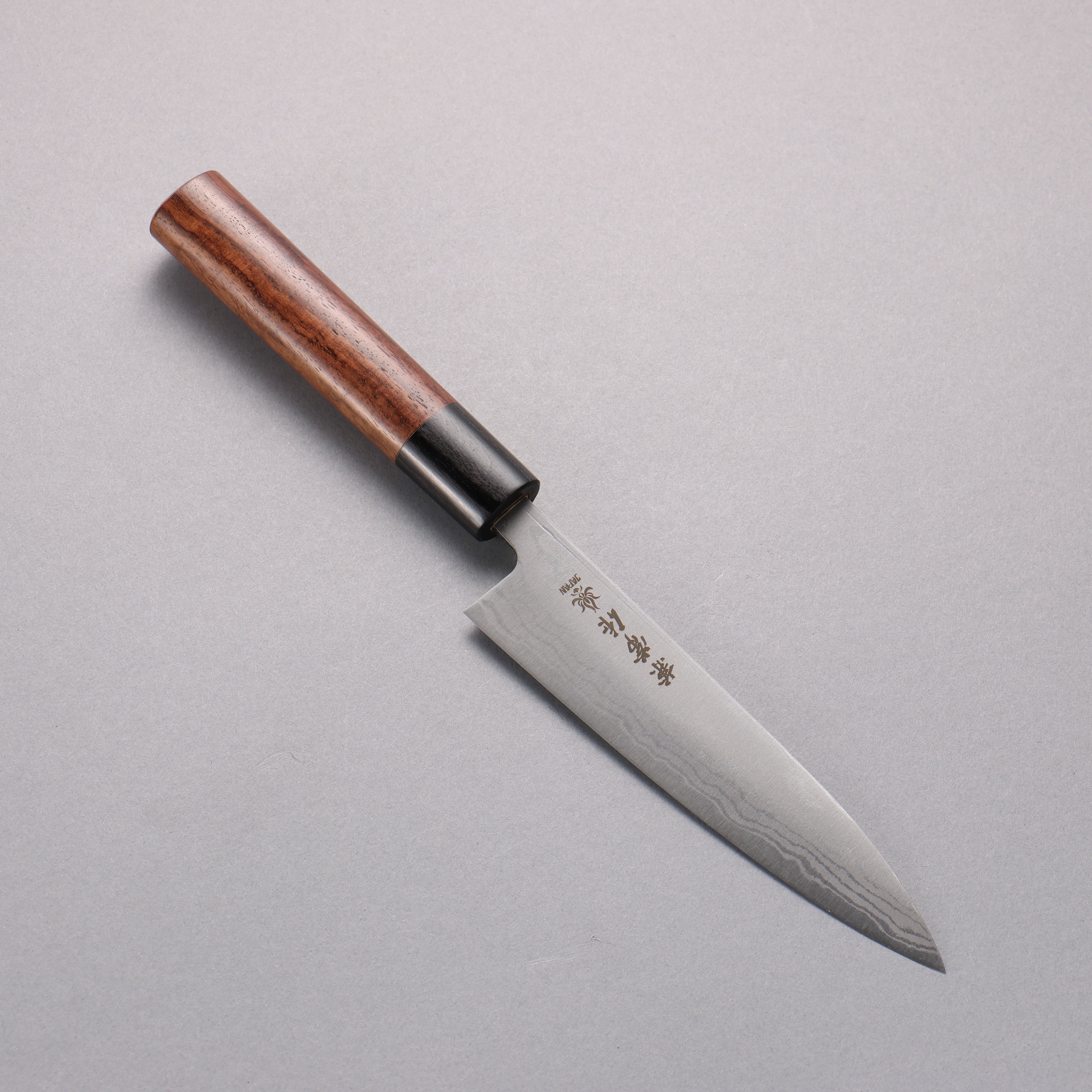 Kanetsune Blue Steel No.2 Damascus Petty Utility Knife 135mm with Shitan Handle - Perfect for Kitchen, Camping & Outdoor Cooking
