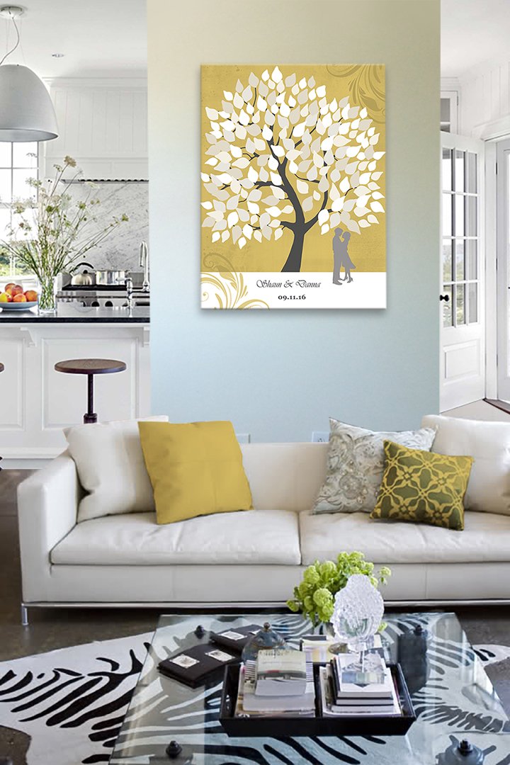 Personalized His & Hers Canvas Wall Art - Custom Couples Tree with Names & Date - Romantic Wedding Anniversary Gift for Newlyweds, Housewarming, Milestone - Gold Frame 30