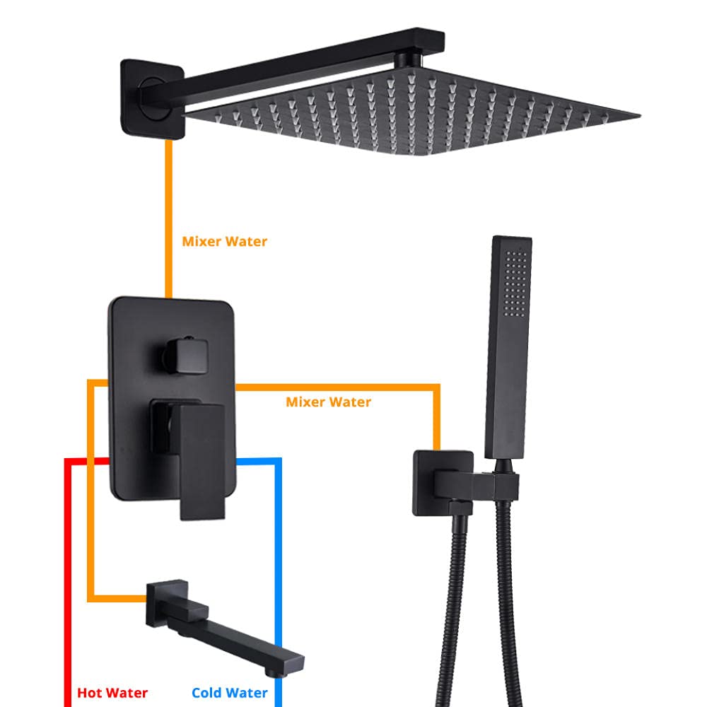 Premium Matte Black Rainfall Shower Faucet Set - 12 Inch Wall Mounted Shower System with Bathtub Mixer | Modern Bathroom Upgrade for Spa-Like Experience