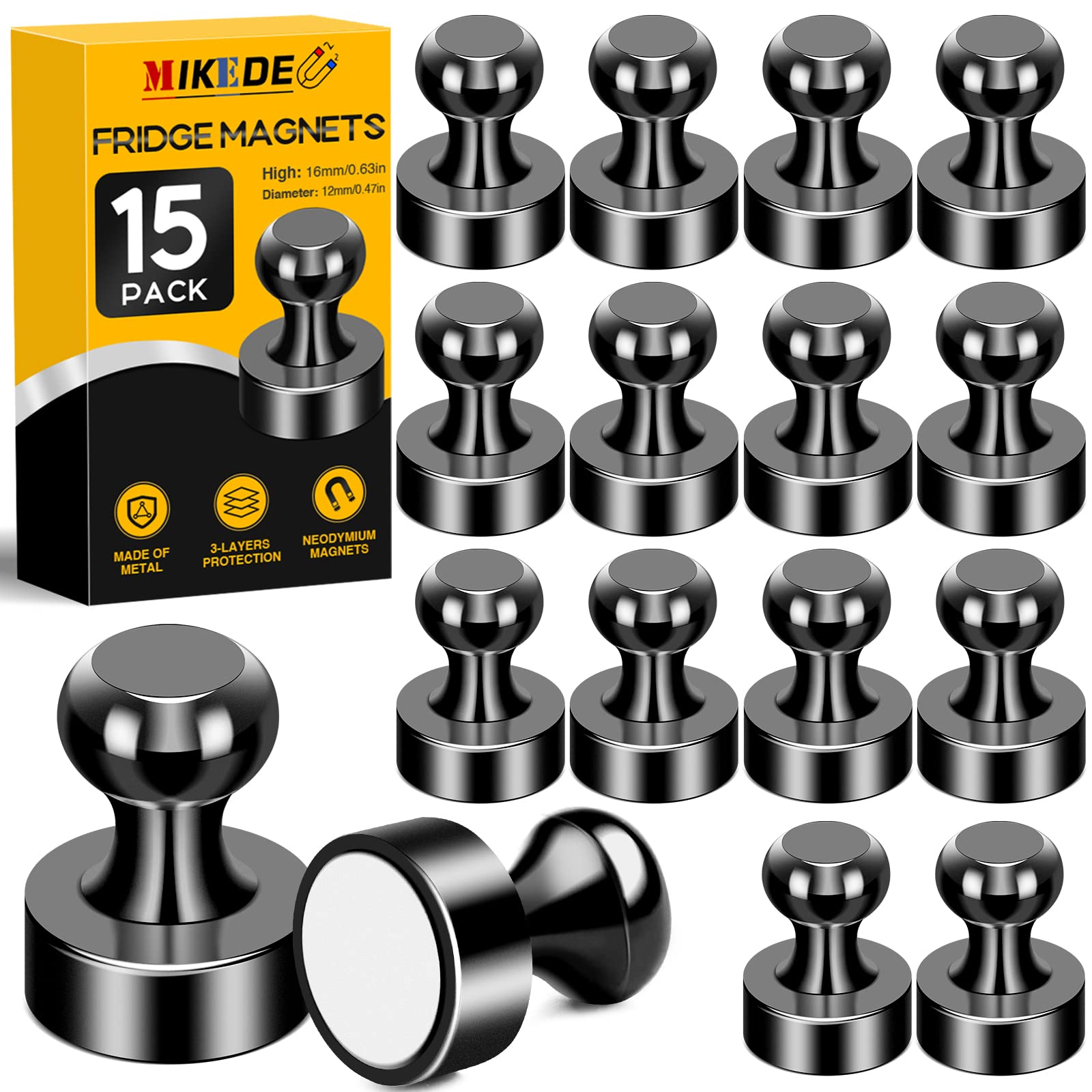 MIKEDE 15Pcs Strong Neodymium Refrigerator Magnets - Black Whiteboard Magnets & Push Pins for Office, School, Classroom, Kitchen - Perfect for Organizing Notes, Photos & Reminders on Fridge & Whiteboards