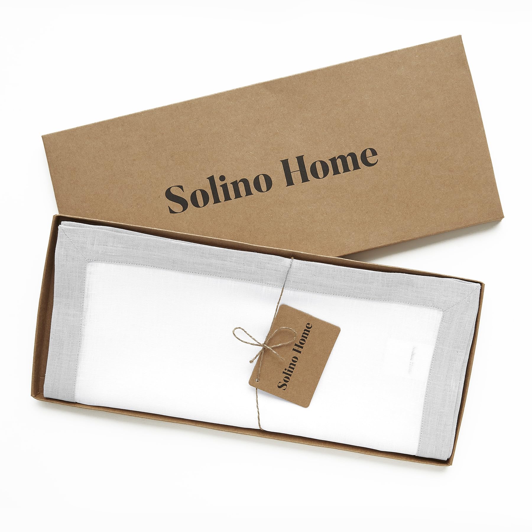 Solino Home 100% Pure Linen Table Runner 14 x 60 Inches - Classic Soft Grey & White Dining Table Decor for Weddings, Dinner Parties, and Coffee Tables