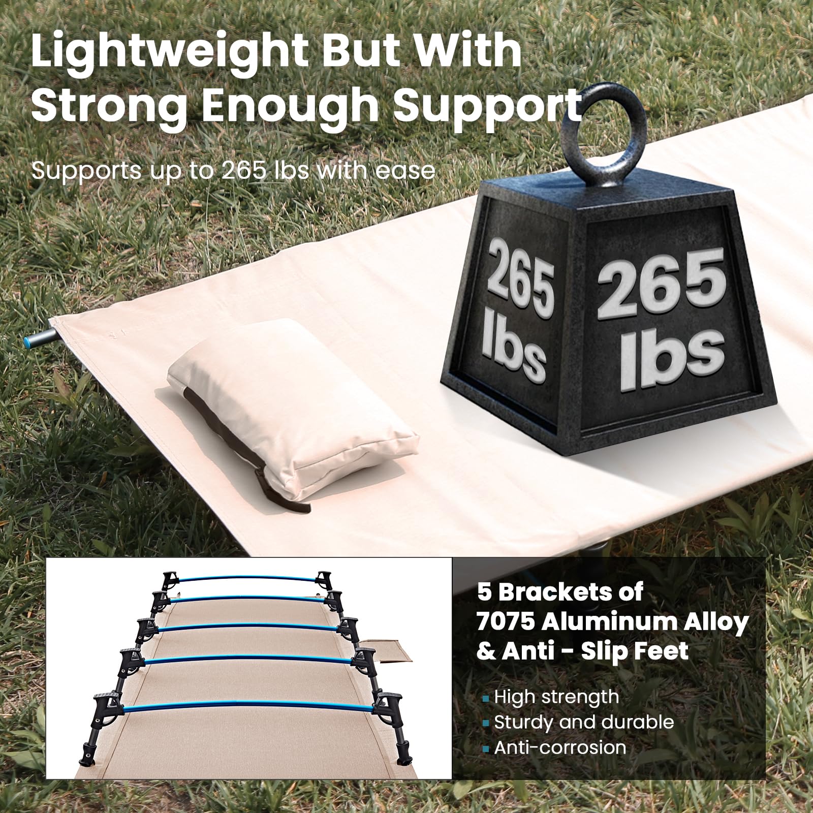 Ultralight Folding Camping Cot for Adults - Extra Long Portable Backpacking Bed for Hiking, Travel & Home Use - Durable Beige Outdoor Cot for Camping, Mountaineering and Emergency Preparedness