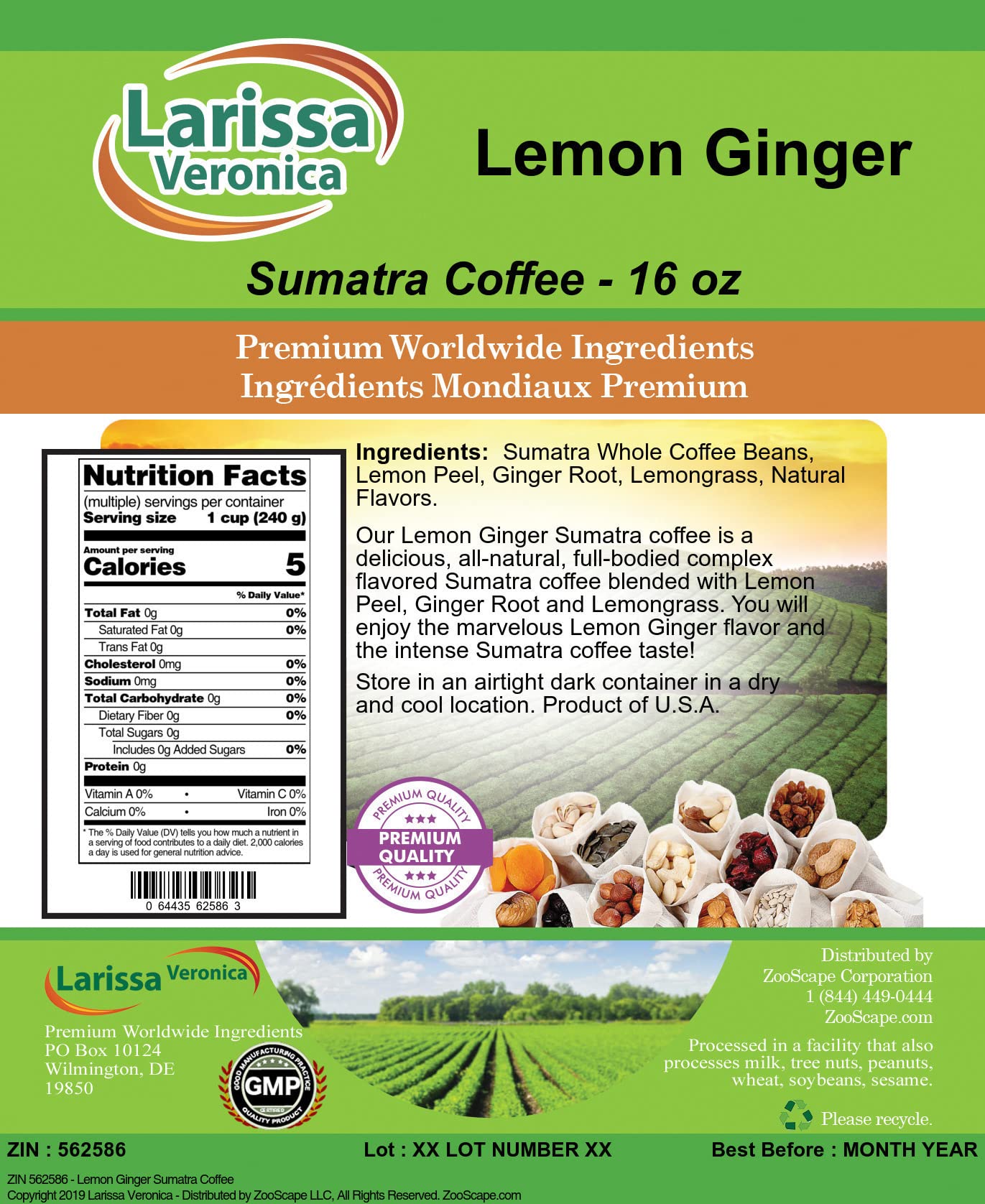 Premium Lemon Ginger Sumatra Coffee Beans - Gourmet Naturally Flavored Whole Bean Coffee (16oz, 2-Pack) for Morning Energy Boost & Afternoon Pick-Me-Up | ZIN: 562586