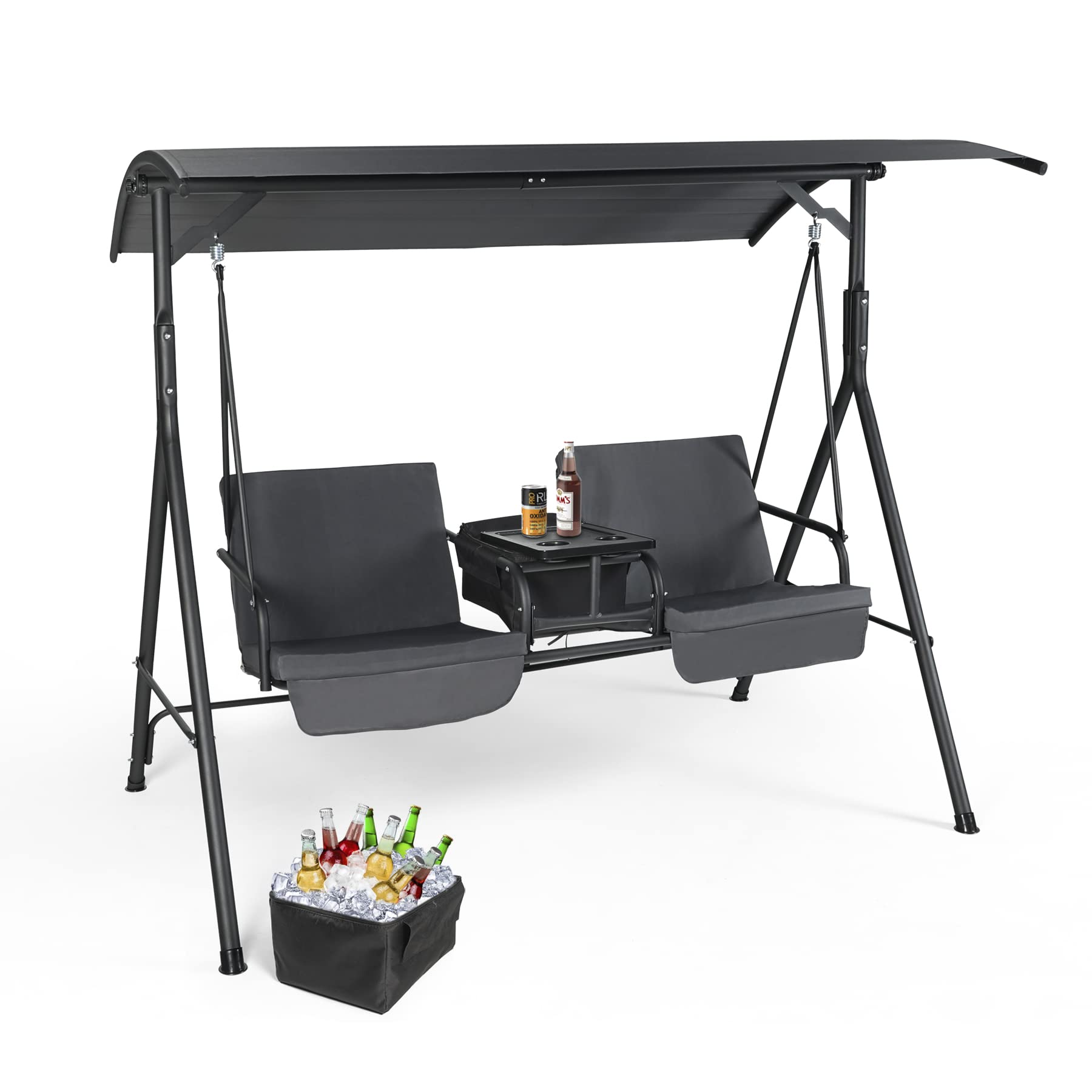 OKL 2-Seat Outdoor Patio Swing Chair with Canopy & Cooler - Weather-Resistant Steel Frame & Removable Cushion - Gray Hanging Porch Swing for Garden, Backyard, and Deck Relaxation