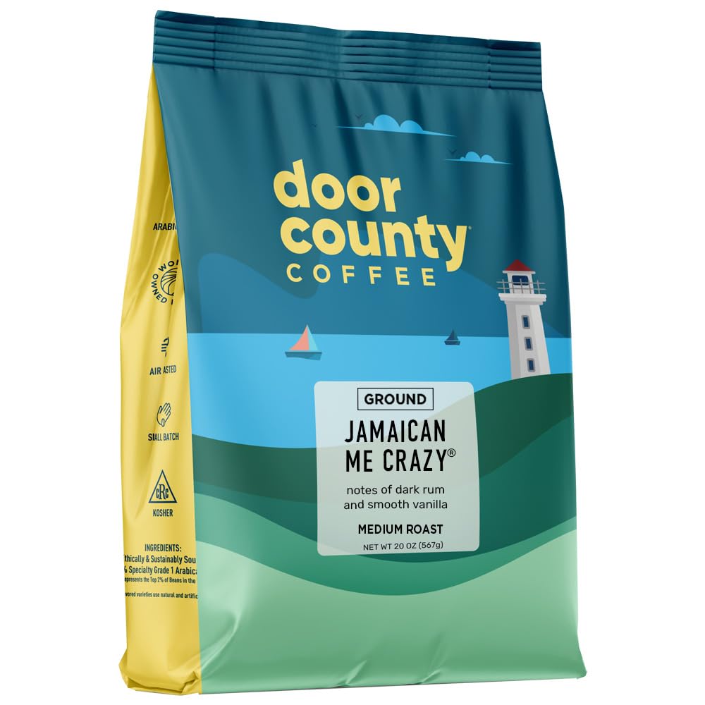 Door County Jamaican Me Crazy Rum & Vanilla Flavored Medium Roast Ground Coffee - 20 oz Bag for Home Brewing, Office Use & Gifts