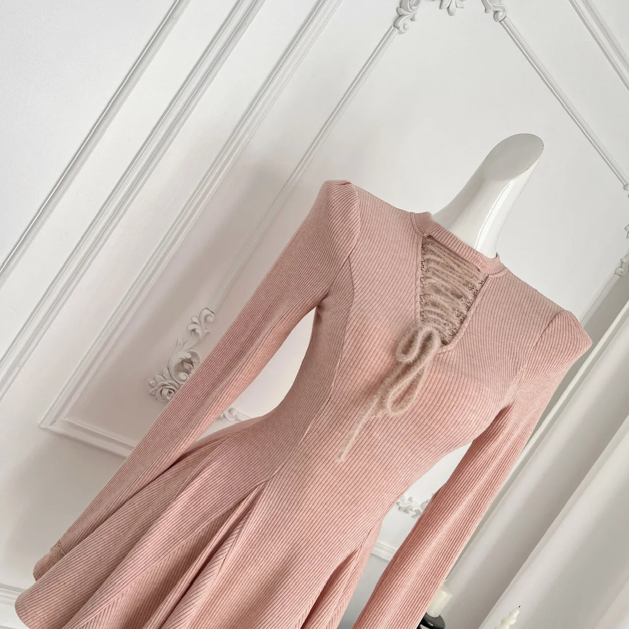 2024 Women's Sweet Pink Lace-Up Round Neck Long Sleeve Pleated Mini Dress | High Waist Knit Dress for Autumn Winter | Elegant & Sexy Party, Date Night, Office Wear