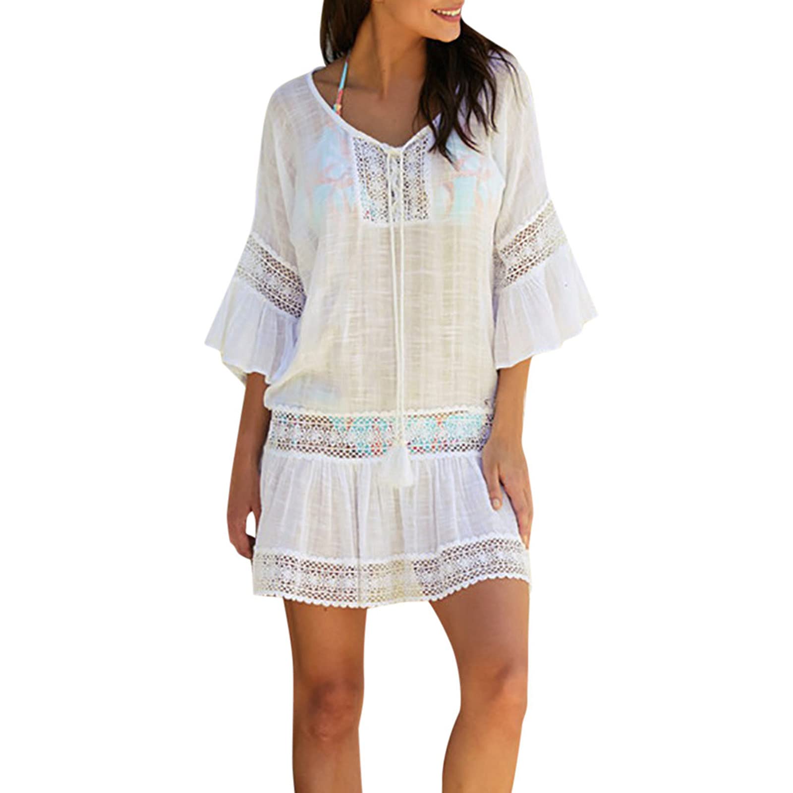 TEVEQ Women's Crochet Beach Cover Up Dress - Long Sleeve Swimsuit Cover Up, Lightweight Bathing Suit Cover for Pool, Beach, Vacation & Summer Outfits