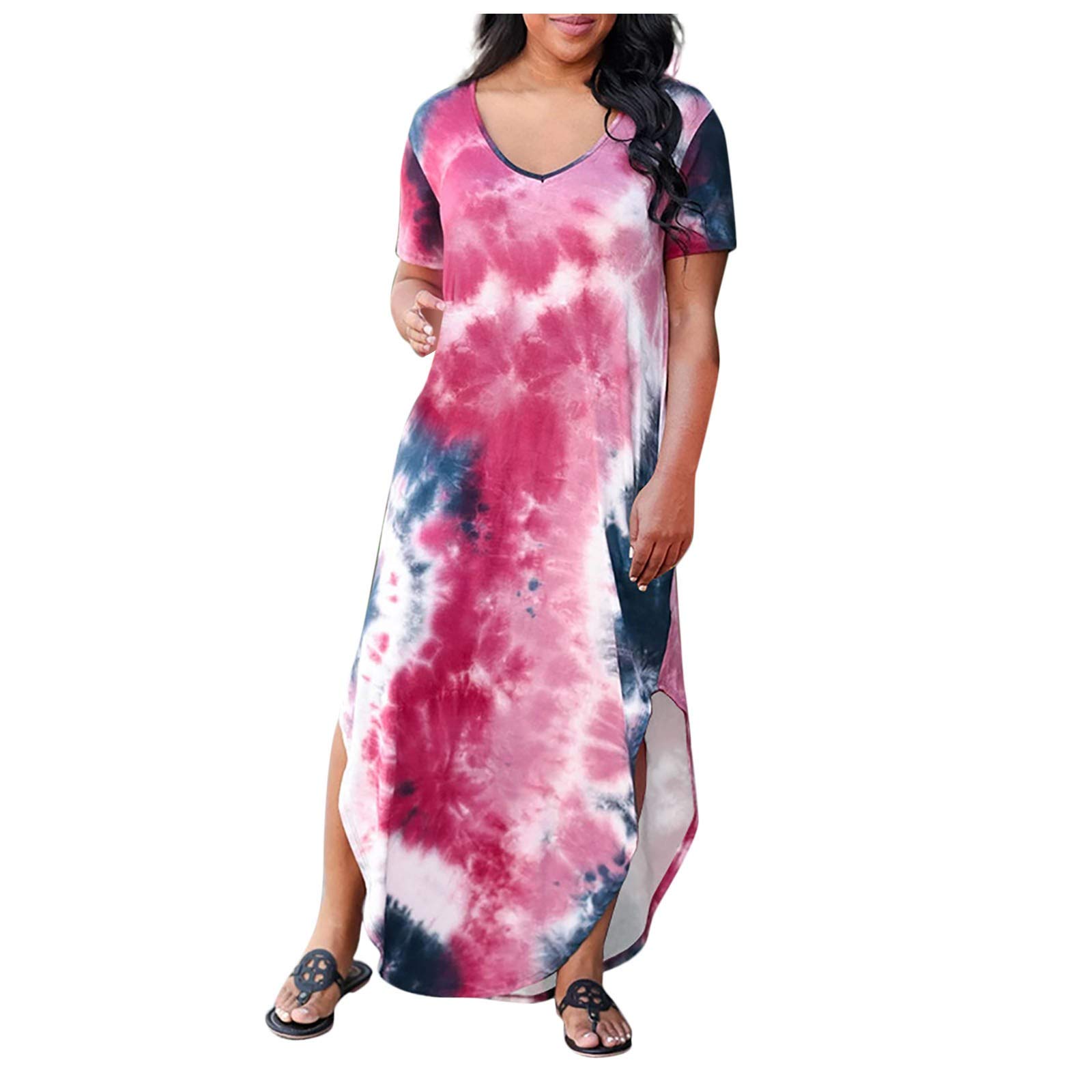 Women's Tie Dye Maxi T-Shirt Dress - Casual Loose Round Neck Summer Dress for Beach, Vacation & Everyday Wear