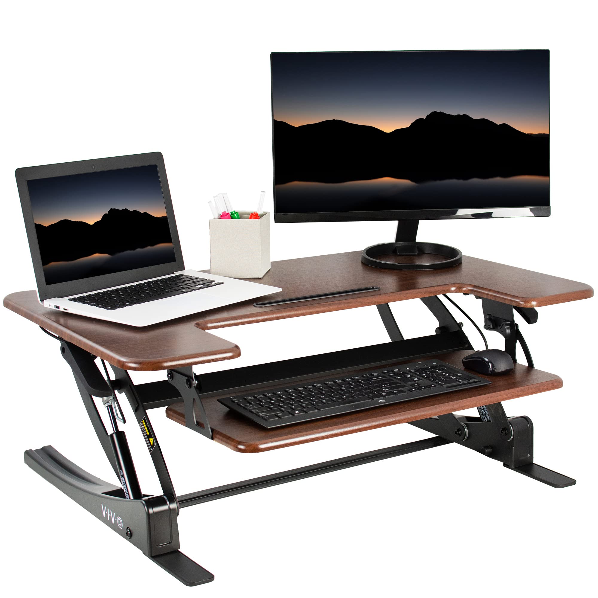 VIVO Dark Wood Height Adjustable 91cm Stand Up Desk Converter - Quick Sit to Stand Tabletop Dual Monitor Riser Workstation for Home & Office (DESK-V000VD) | Ergonomic Workspace Solution for Computer, Laptop & Monitor Setup