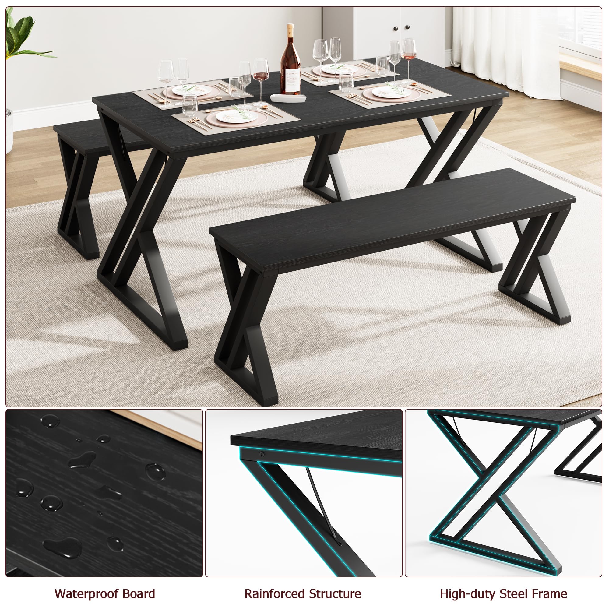 GAOMON 55 Inch Black Dining Table Set with 2 Benches - Space Saving Rectangular Kitchen Table for 4-6 People, Sturdy Metal Frame - Perfect for Small Apartments, Dining Rooms & Compact Kitchens