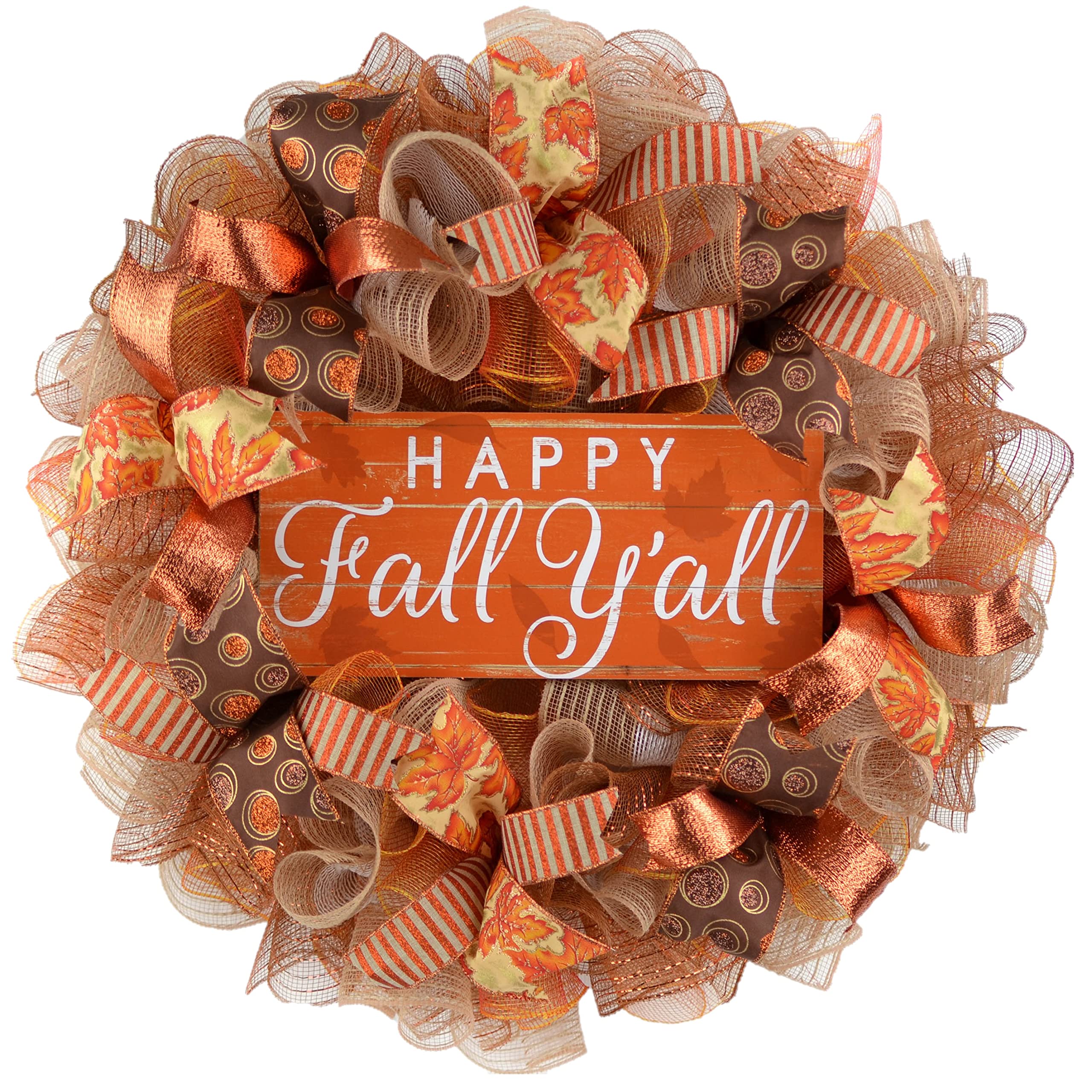 Happy Fall Y'all Wreath - Autumn Home Decor - Thanksgiving Door Wreath with Deco Mesh in Brown & Orange Burlap - Perfect for Front Door, Porch & Seasonal Holiday Decorations