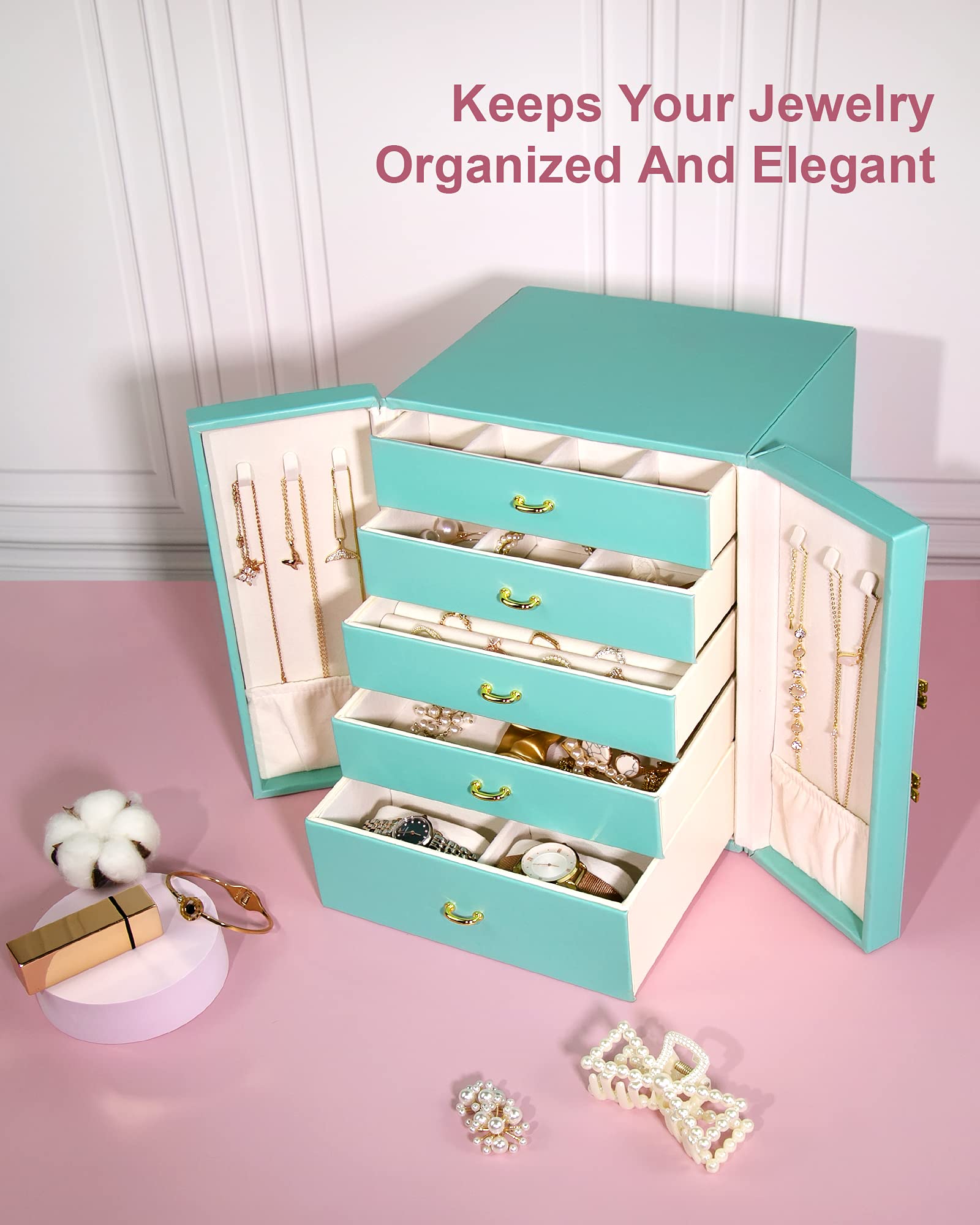 Large Jewelry Organizer Box with 5 Drawers - Leather Storage Case for Necklaces, Earrings, Rings, Watches & Bracelets - Perfect Gift for Women & Girls (Blue) | Bedroom Vanity, Closet & Travel Jewelry Storage Solution