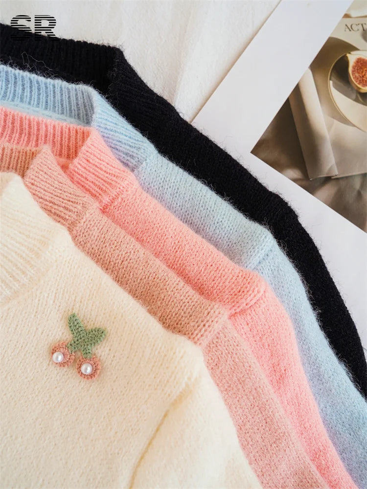 Cherry Beading Design Sweater for Women - Elegant Knit Pullover with Floral Embroidery - Perfect for Casual Outings, Office Wear & Date Nights