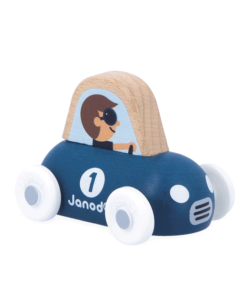 Janod Mountain Valley Wooden Sports Car Toy - Eco-Friendly Wooden Race Car for Kids, Perfect for Imaginative Play & Crossroads Adventure Scenes