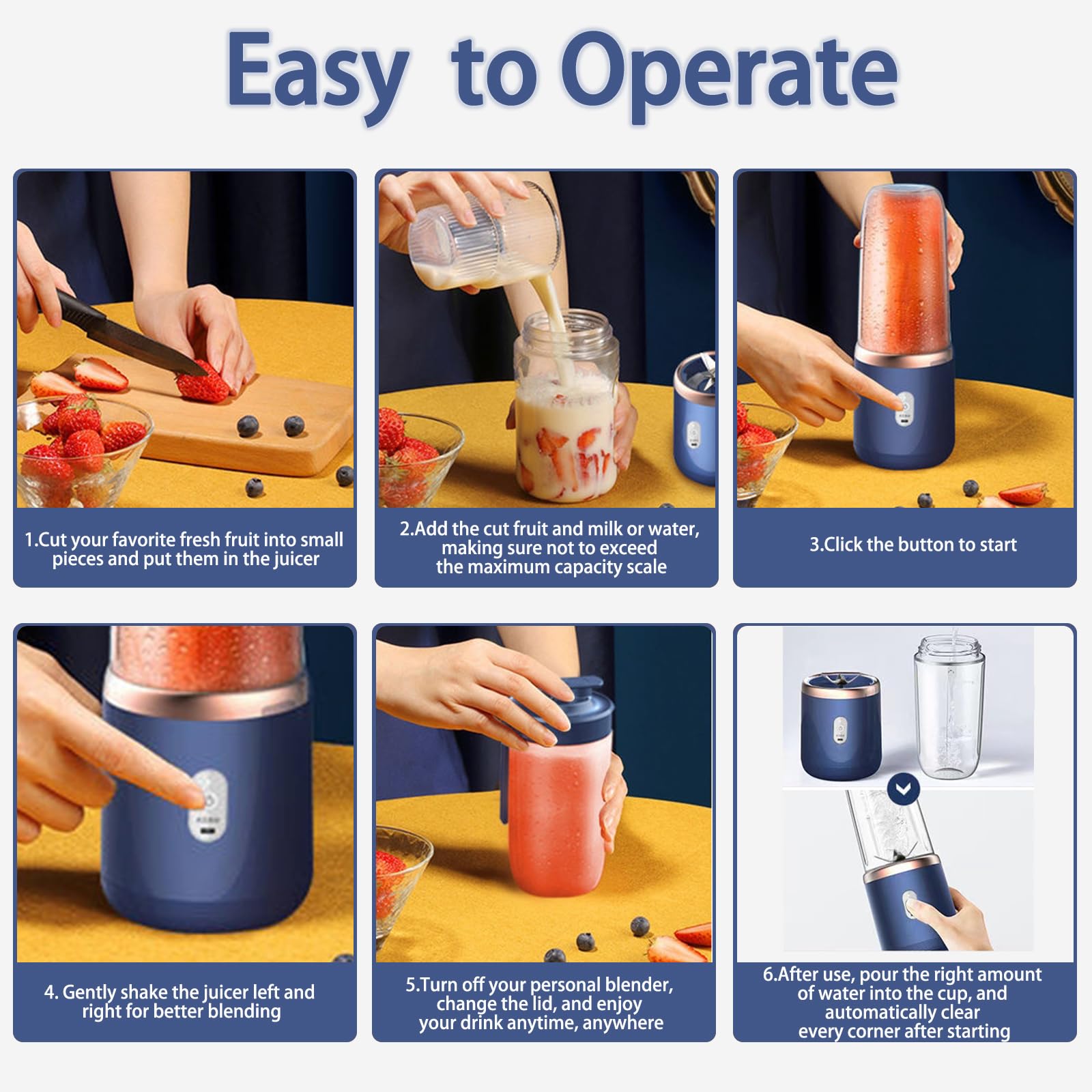 Portable USB Rechargeable Personal Blender - 400ML Mini Blender for Smoothies, Shakes & Juices with 6 Blades - Travel-Friendly Handheld Blender with Lid - Perfect for Gym, Kitchen, Office & Outdoor Use