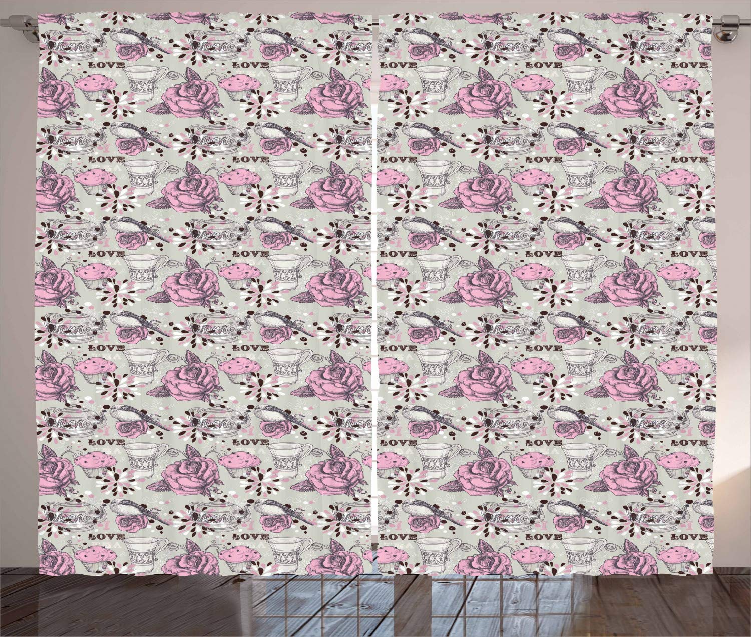 Ambesonne Tea Party Curtains - Floral Teacup & Pot Design with Romantic Roses & Birds, Valentine's Day Theme Window Drapes, 2 Panel Set (108