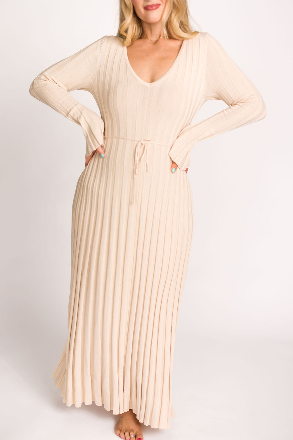 Hadley Long Sleeve V Neck Knit Maxi Dress in Cream Taupe - Elegant Women's Casual Maxi Dress for Fall & Winter, Perfect for Office, Date Night and Holiday Parties