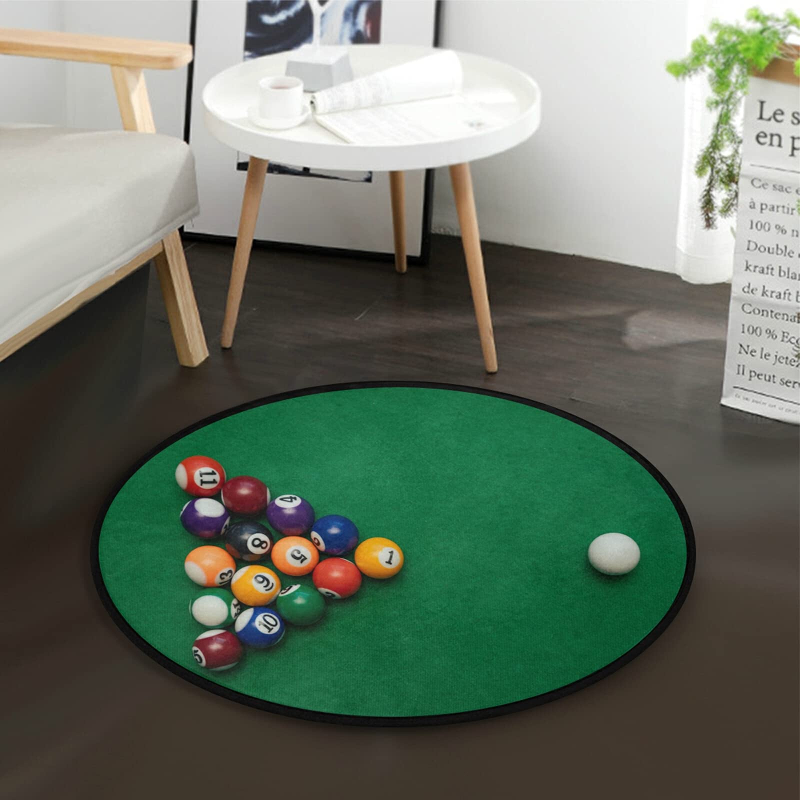 ALAZA American Billiards Pool Table Design Round Area Rug - 3' Diameter (92 cm) Green Felt Carpet for Living Room, Bedroom, Game Room Decor | Perfect for Billiard Lovers & Home Entertainment Spaces