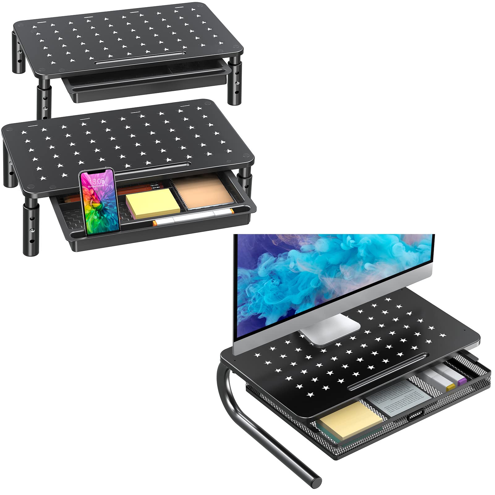 Premium Metal Monitor Stand Riser with Storage Drawer - Ergonomic Dual Monitor Stand for Computer, Laptop, iMac, Printer | Home Office & Gaming Setup Accessory