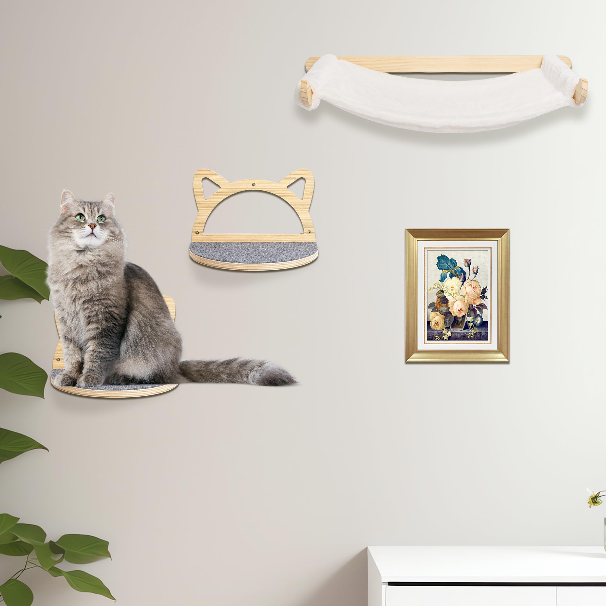 Defined Deco Cat Wall Shelves - Wall Mounted Cat Perches with XXL Hammock & 2 Climbing Steps, Multi-Level Cat Furniture with Scratching Mat for Play, Sleep & Lounge - Perfect for Indoor Cat Climbing, Resting & Exercise in Small Spaces