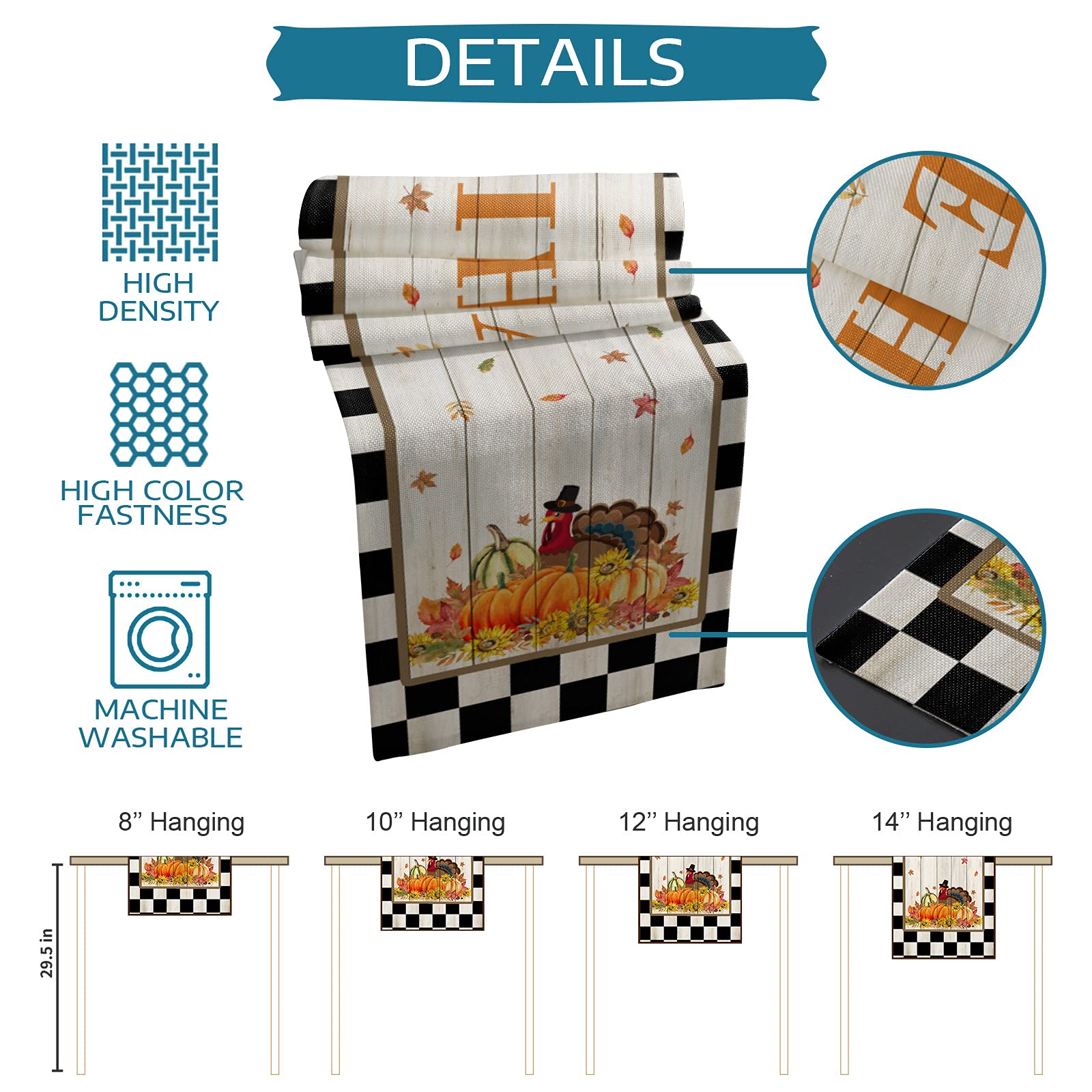 Thanksgiving Burlap Table Runner - 120 Inch Fall Harvest Decor with Pumpkins & Sunflowers in Black White Plaid for Dining, Coffee, Kitchen Tables - Perfect for Holiday Parties, Home Decor, and Autumn Gatherings