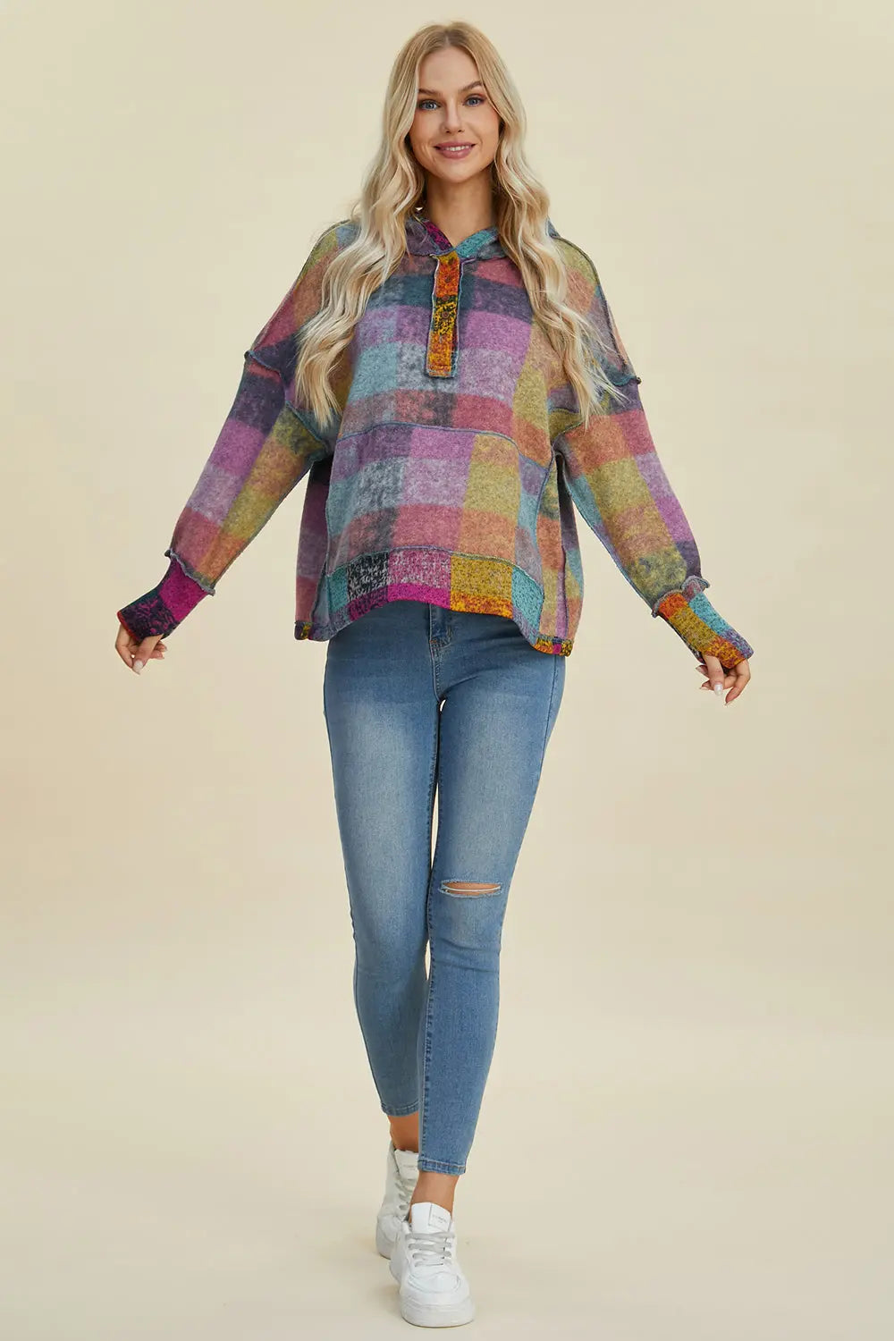 Double Take Full Size Plaid Dropped Shoulder Hoodie - Cozy Oversized Sweatshirt for Men & Women - Perfect for Casual Wear, Loungewear, and Outdoor Activities