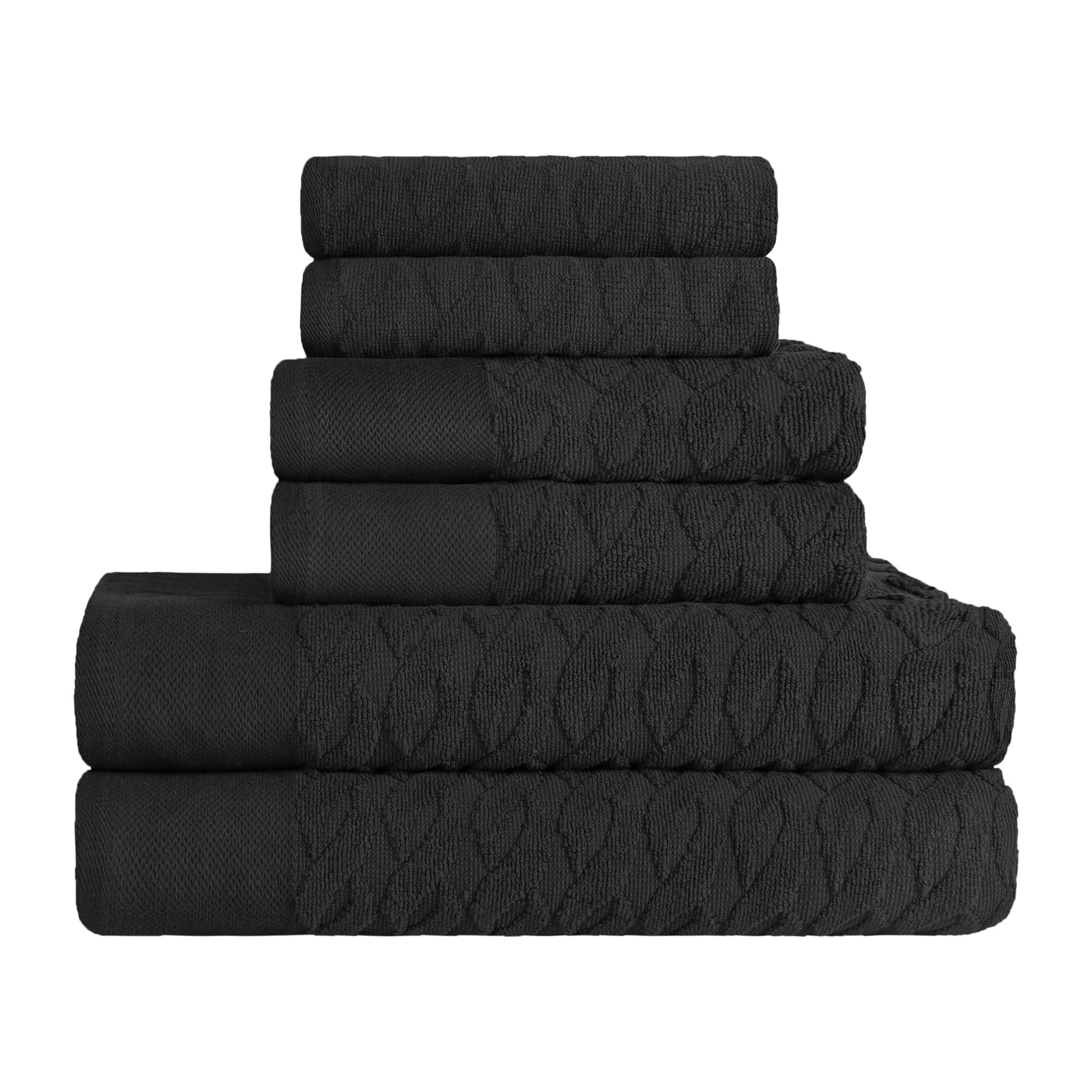 Premium 6-Piece Turkish Cotton Herringbone Jacquard Towel Set - Ultra Soft & Absorbent Bath, Hand & Face Towels for Luxury Bathroom, Spa, Hotel & Airbnb Essentials - Black Home Textile Collection for Everyday Comfort & Elegance