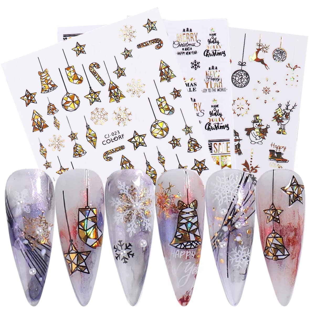 Doneace 3D Laser Nail Stickers - Christmas Nail Art Decals Kit (9PCS) with Gold Snowflake, Santa Claus & Reindeer Designs - DIY Nail Decorations for Women & Girls | Perfect for Holiday Parties, Gift Giving & Festive Nail Art