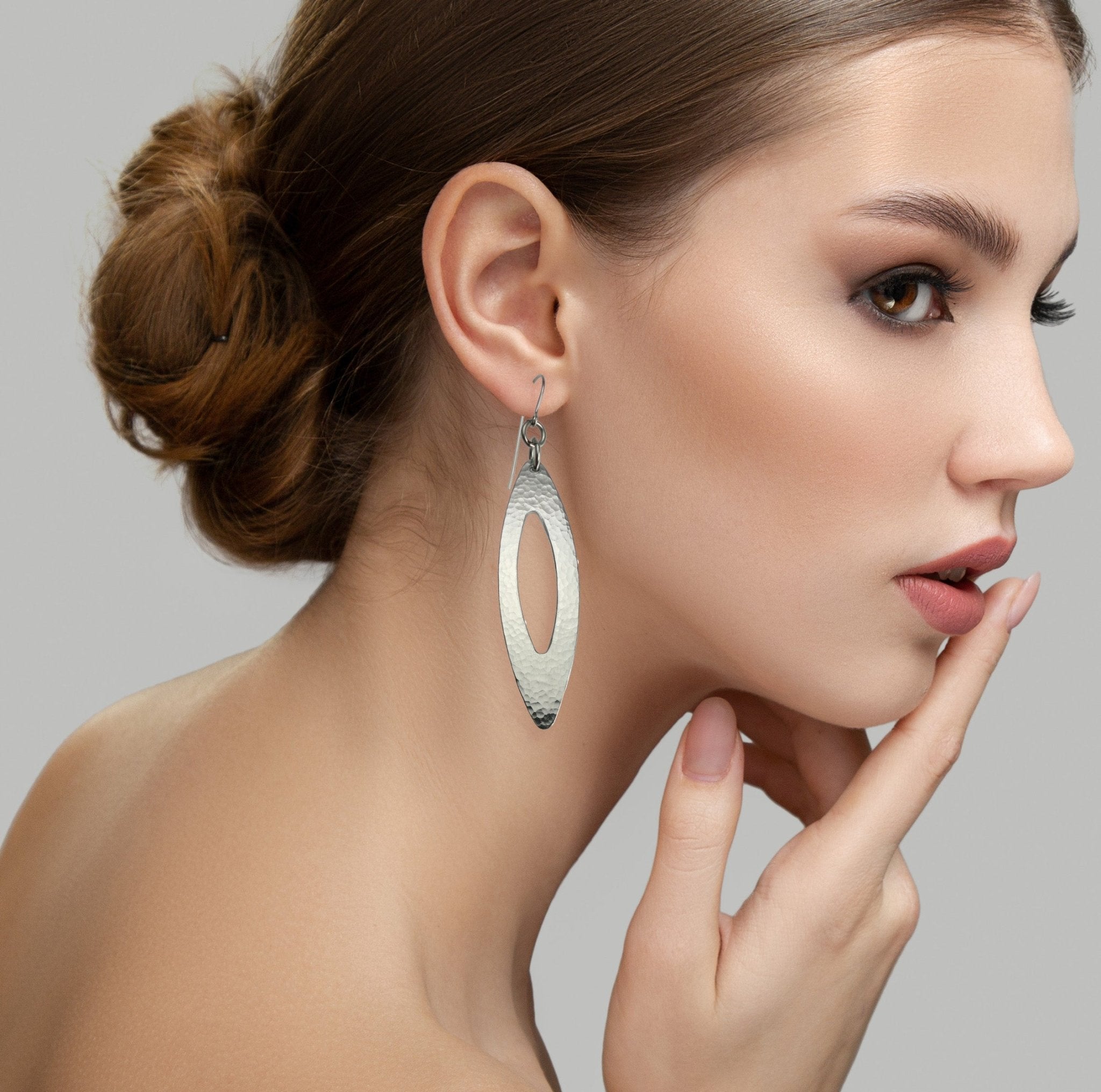 Handmade Pierced Large Oval Hammered Aluminum Drop Earrings for Women - Boho Chic Dangle Jewelry for Parties, Weddings & Everyday Wear
