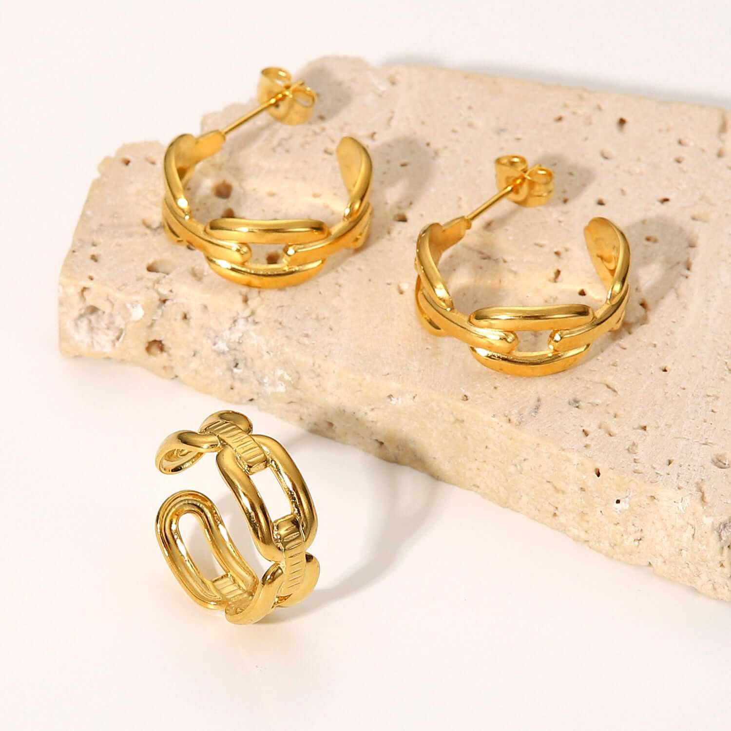 18K Gold Plated Hollow Connected Chain C Hoop Earrings & Ring Set - Trendy Jewelry for Women | Perfect for Parties, Weddings & Everyday Wear | JDE835