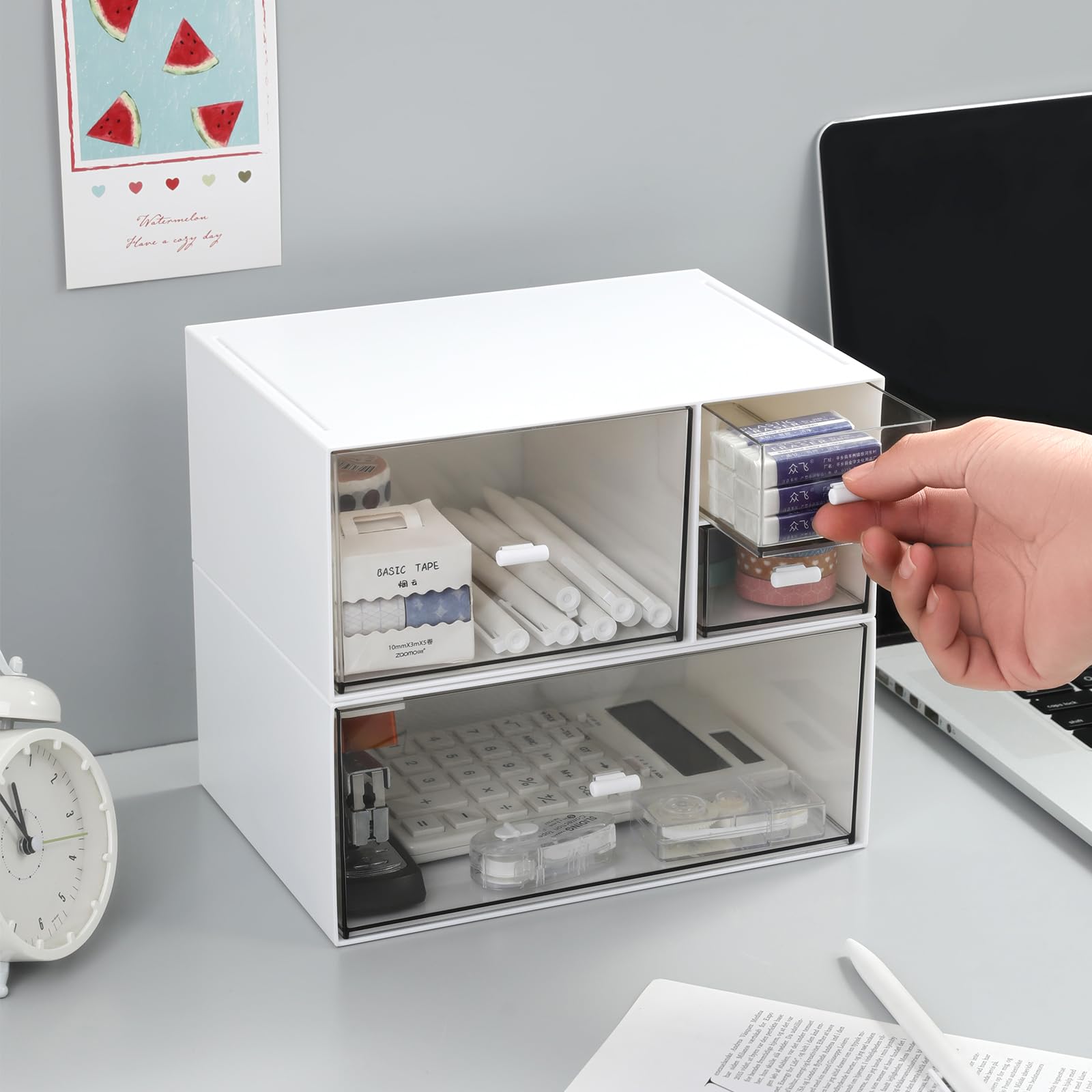 4-Drawer Desk Organizer & Makeup Storage Box for Nail Polish, Lipstick, Brushes, Jewelry - White Cosmetic Organizer for Vanity, Bathroom & Office Organization