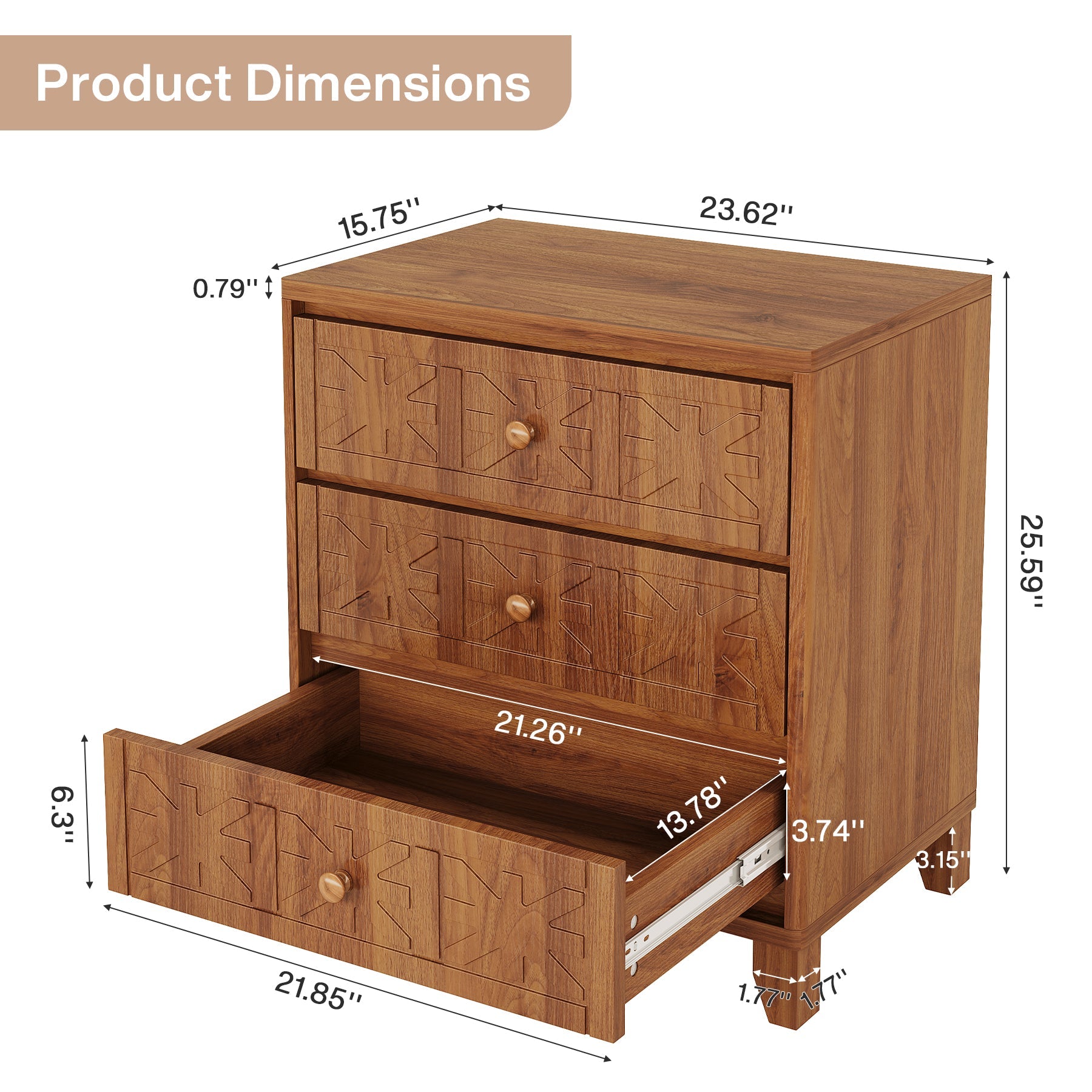 3 Drawer Nightstand - Farmhouse Style Bedside Table with Elegant Carved Patterns, Rustic Bedroom Furniture for Home Decor & Storage - Perfect for Bedroom, Living Room or Guest Room