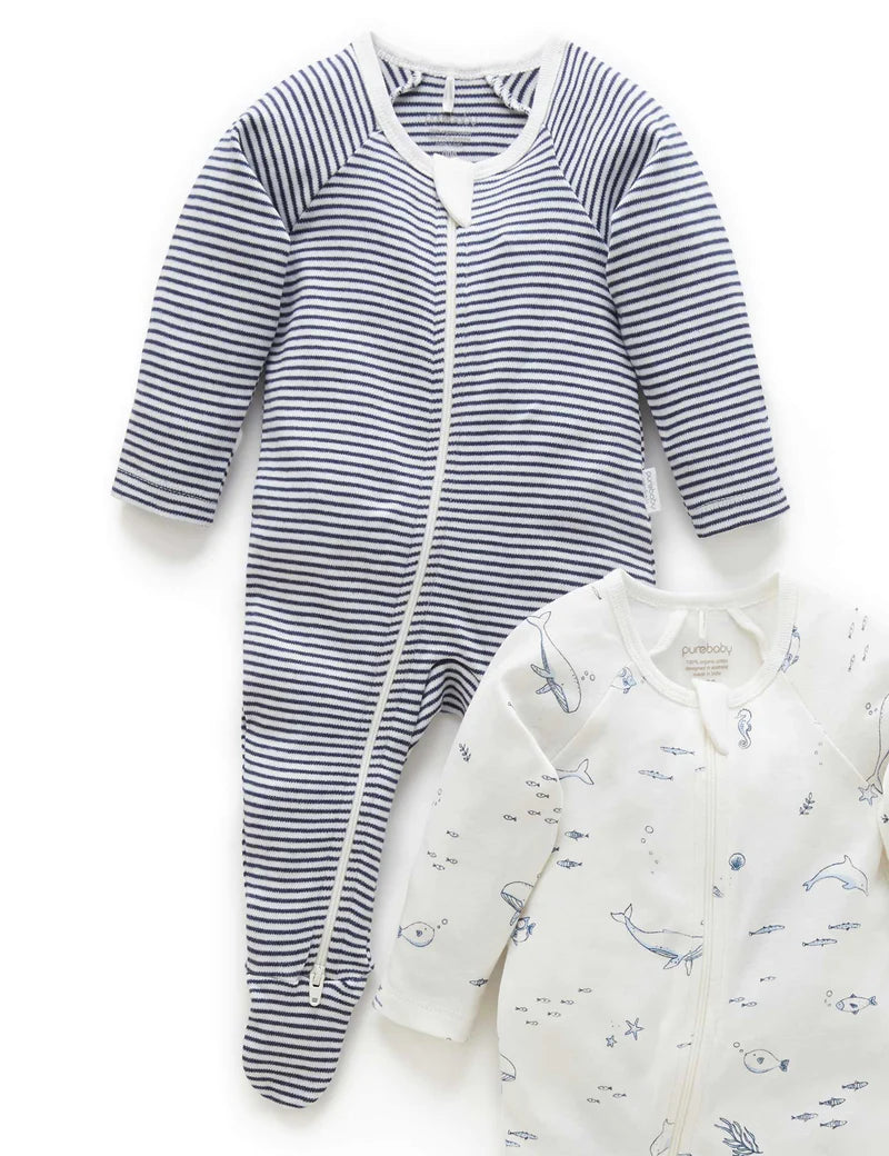 Purebaby Organic Cotton Zip Growsuit 2-Pack - Vanilla Nautical Stripes | Soft Baby Sleepwear for Boys & Girls | Perfect for Nursery, Daycare & Playtime