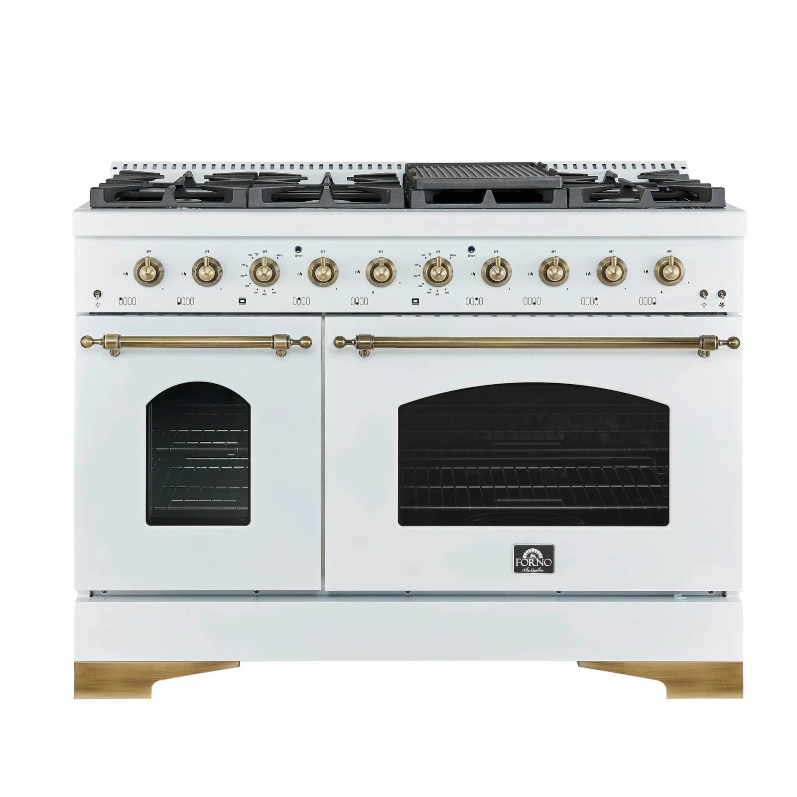 Forno Antico 48-Inch Dual Fuel Range with 8 Gas Burners & Electric Convection Oven - White Finish with Antique Brass Trim (Model FFSGS6113 48WHT) | Perfect for Professional Home Kitchens & Gourmet Cooking