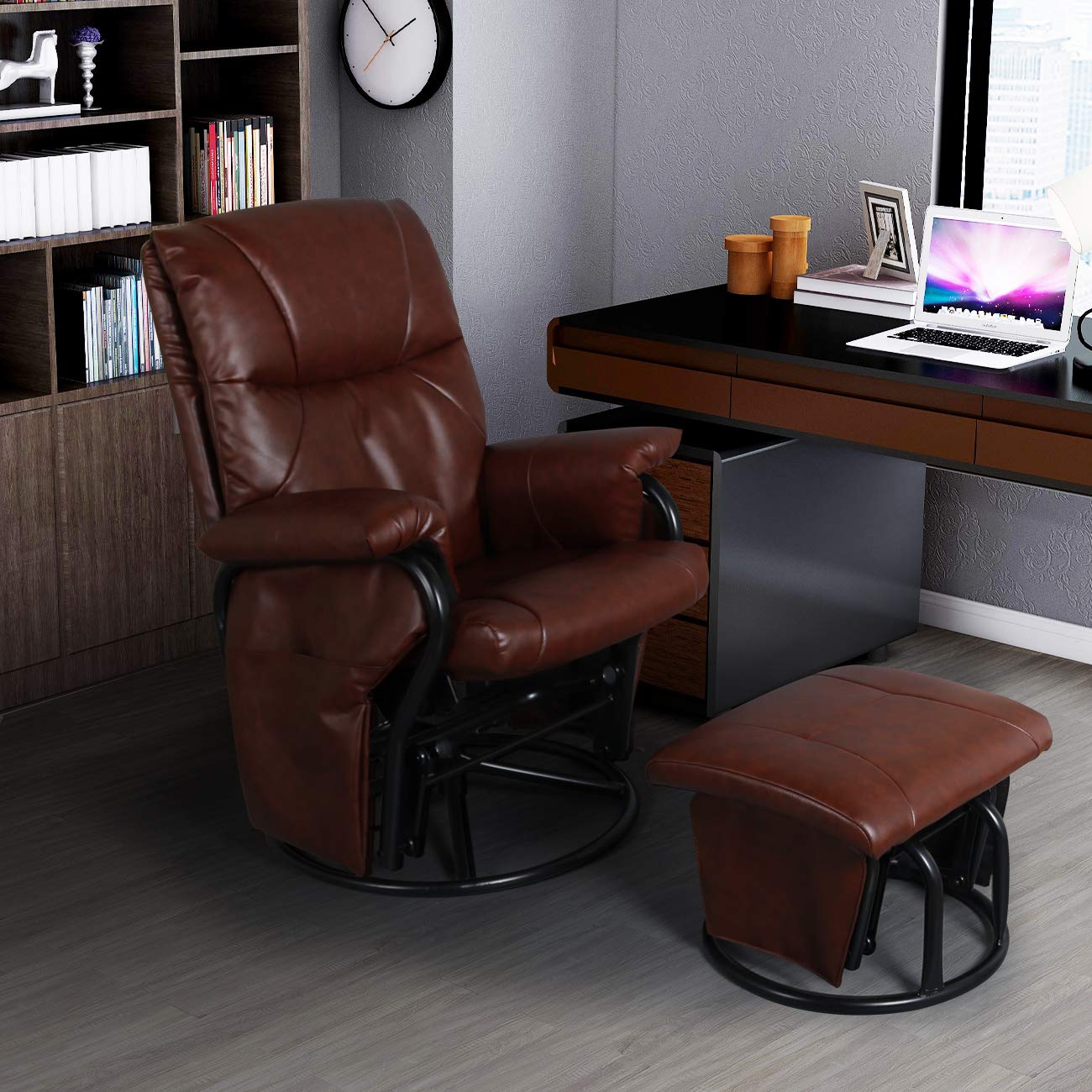 360° Swivel PU Leather Glider Chair with Ottoman - Rocking Recliner Lounge Chair Set for Living Room, Nursery & Patio (Brown) - Comfortable Armchair for Relaxing, Nursing & Reading